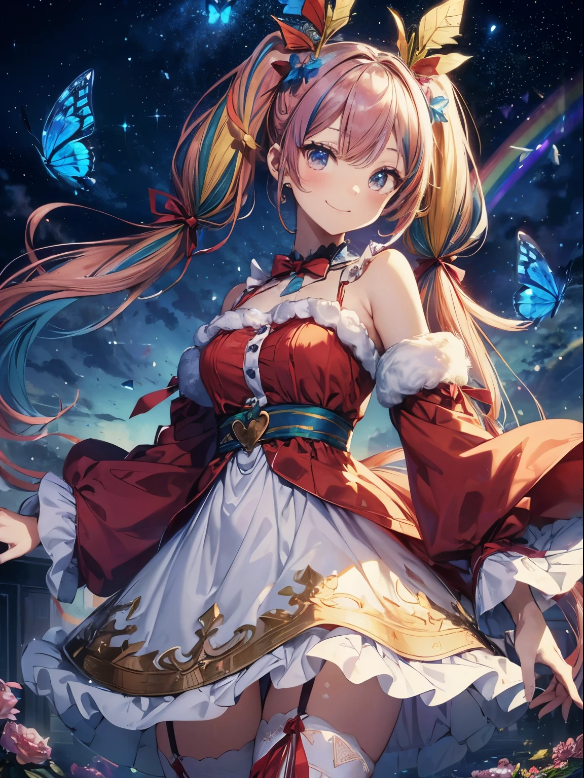 santaのコスプレ、santaクロースの袋、Christmas、(masutepiece:1.3), (8K, Photorealistic, Raw photo, Best Quality: 1.4), Beautiful face, (Realistic face), Beautiful detailed eyes, (Realistic skin), Attractive, Intricate details,Golden ratio, 1 girl,Naughty smile, (rainbow hair:1.4),((Long twintails,Ribbon 1.4)),santa (Blue Butterfly Hair Ornament 1.3)Dynamic Pose,Dynamic Angle,Intricate details, Hyper realistic、A smile、Smiling、Strong face、the morning sun、Deitiesの光、Deities、Heaven、rainbows