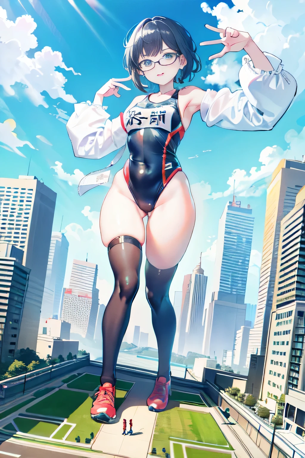 der riese art, 非常に詳細なder rieseショット, der riese, Shorthair, Giant woman bigger than a skyscraper, Wearing rimless glasses, Colossal tits, Big ass, Competitive swimsuit, very small metropolis, Trying to destroy a miniature metropolis, Full body depiction, nffsw, giga der riese, der riese, Stomping City,crash city,Small town,micro city,