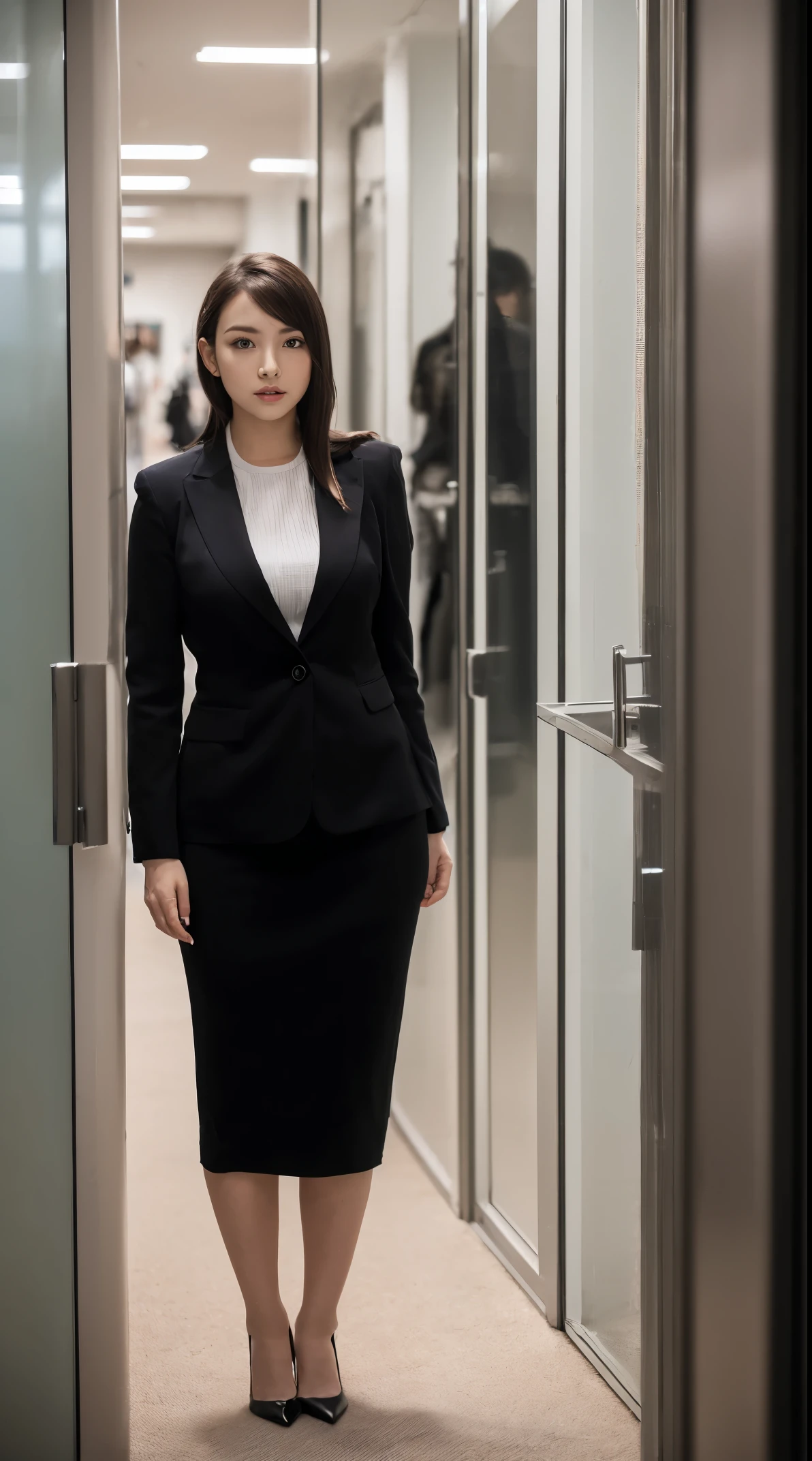 (masutepiece,High quality:1.3),(depth of fields:1.3) ,((front body:1.35)),  Japanese ,woman, Natural makeup ,standard height,(Women's business black suits black midi skirt:1.2),Huge breasts, Huge breasts, thicc, curvy,(Looking at Viewer:1.3),(full body:1.2),Inside the office by the window