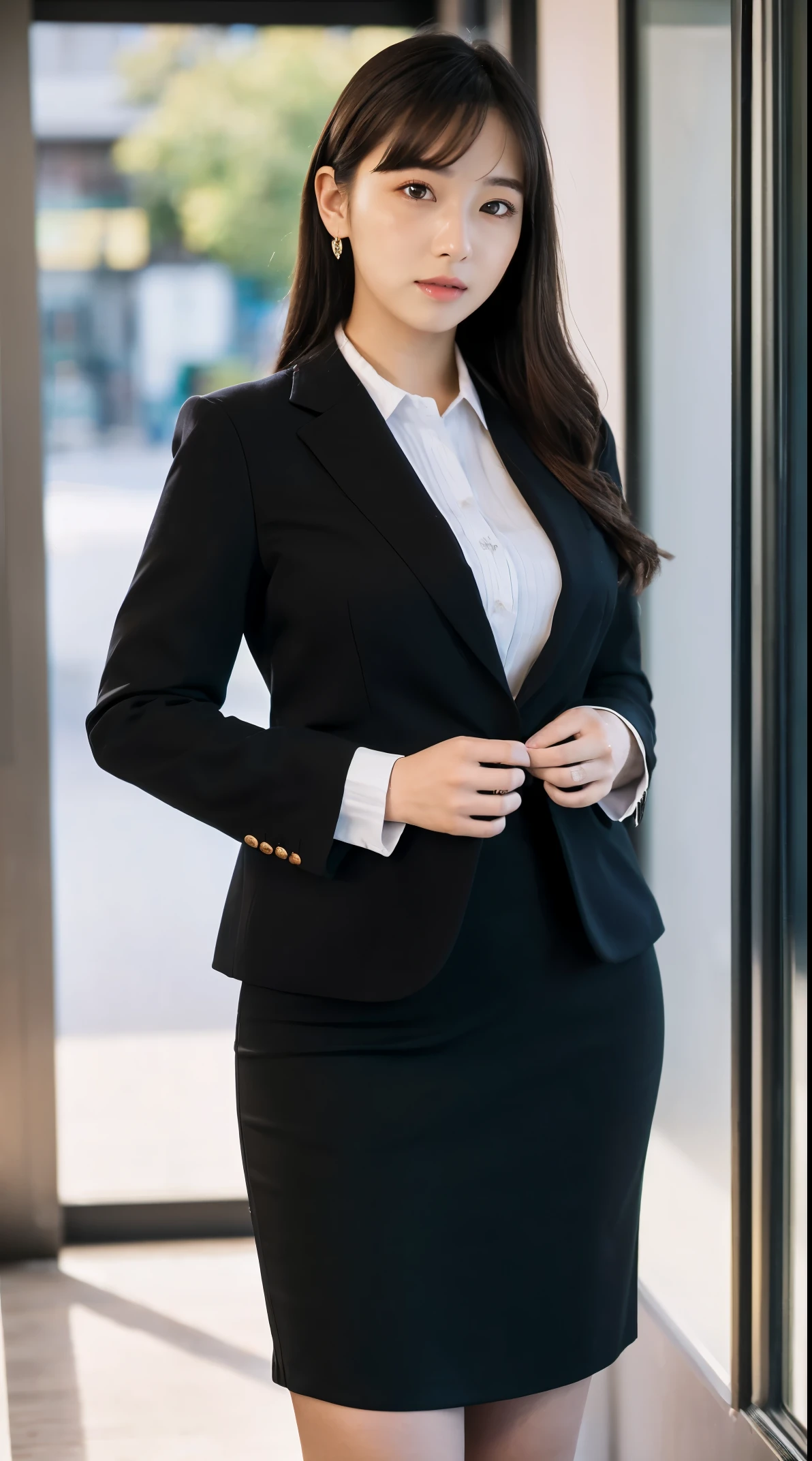 (masutepiece,High quality:1.3),(depth of fields:1.3) ,((front body:1.35)),  Japanese ,woman, Natural makeup ,standard height,(Women's business black suits black midi skirt:1.2), Huge breasts, thicc, curvy,(Looking at Viewer:1.3),(full body:1.2),Inside the office by the window