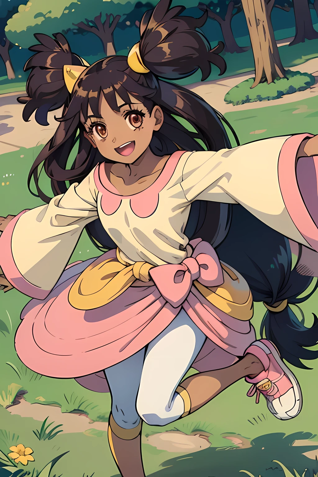 aairis,brown eyes,very long hair,big hair,two side up,hair ornament,dark skin,(yellow shirt:1.1),long sleeves,wide sleeves,waist bow,leggings,pink shoes, happy, smiling :D, grass, outdoors, park