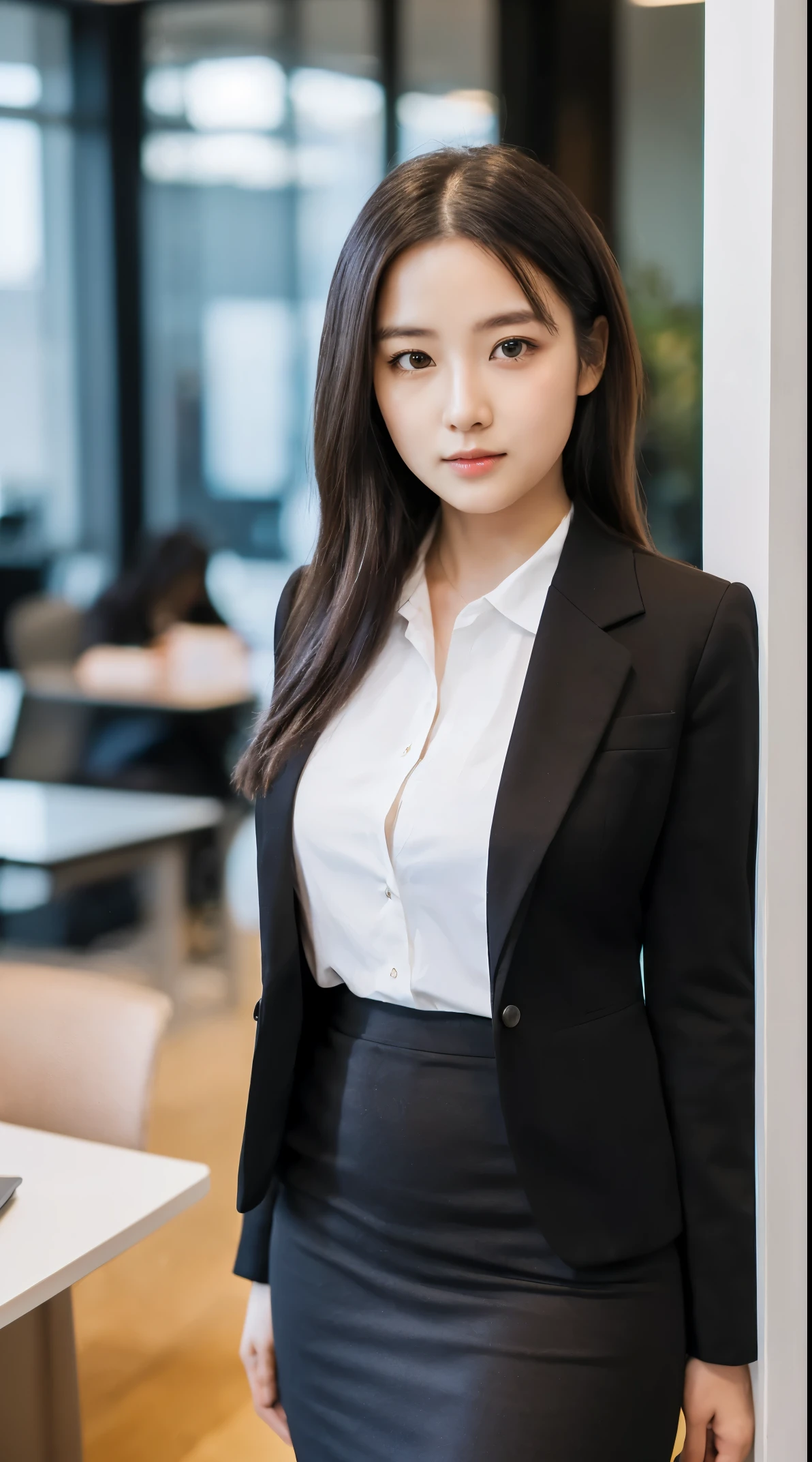 (masutepiece,High quality:1.3),(depth of fields:1.3) ,((front body:1.35)),  Japanese ,woman, Natural makeup ,standard height,(Women's business black suits black midi skirt:1.2), Huge breasts, thicc, curvy,(Looking at Viewer:1.3),(full body:1.2),Inside the office by the window