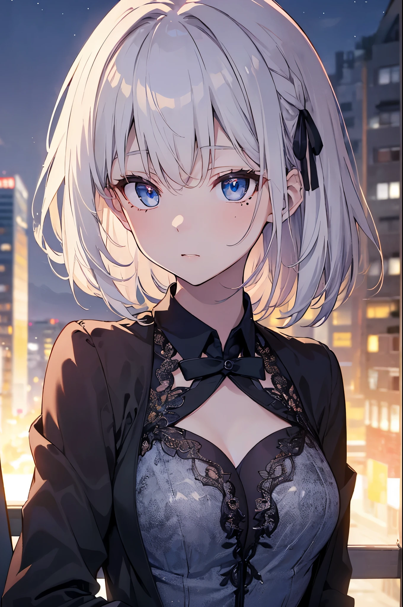Girl with a nasty appearance:1.3)、(Night:1.5)、(and chest:1.4)、Raw photography, top-quality, hight resolution, (masterpiece), (Photorealsitic:1.4), (Mole under the eyes),Anime , foco nítido, nffsw, 8K分辨率, intricate detailes, depth of fields, the Extremely Detailed CG Unity 8K Wallpapers, front lit, femele,25-years old、 Twilight Face、sparse、(Full Dash:1.5)、(After work:1.5)、see -through、(medium silver hair)、blue eyess,(early evening:1.5)、(black suits:1.3)、Hold the bag in your hand