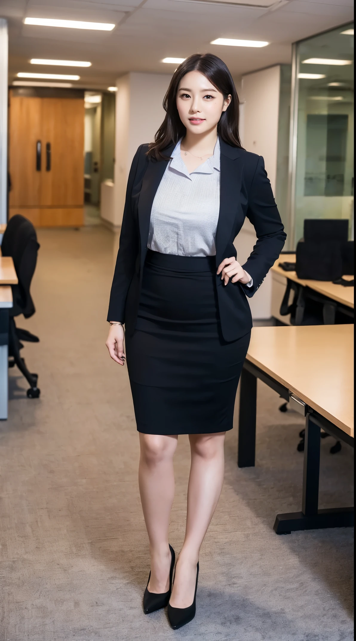 (masutepiece,High quality:1.3),(depth of fields:1.3) ,((front body:1.35)), Japanese ,woman, Natural makeup ,smile,standard height,(Women's business black suits black midi skirt:1.2),Huge breasts, thicc, curvy,(Looking at Viewer:1.3),(full body:1.2), Inside the office by the window