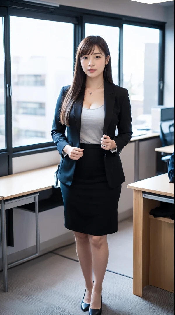 (masutepiece,High quality:1.3),(depth of fields:1.3) ,((front body:1.35)), Japanese ,woman, Natural makeup ,smile,standard height,(Women's business black suits black midi skirt:1.2),Huge breasts, thicc, curvy,(Looking at Viewer:1.3),(full body:1.2), Inside the office by the window
