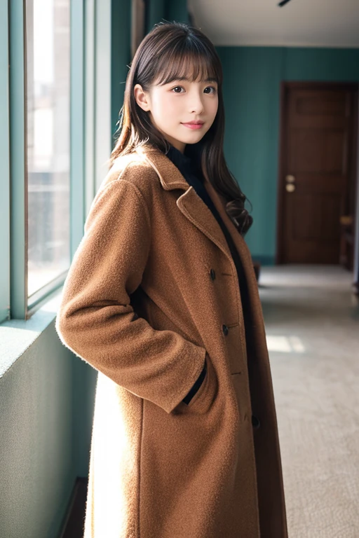 wearing a down coat、a beauty girl、14years、