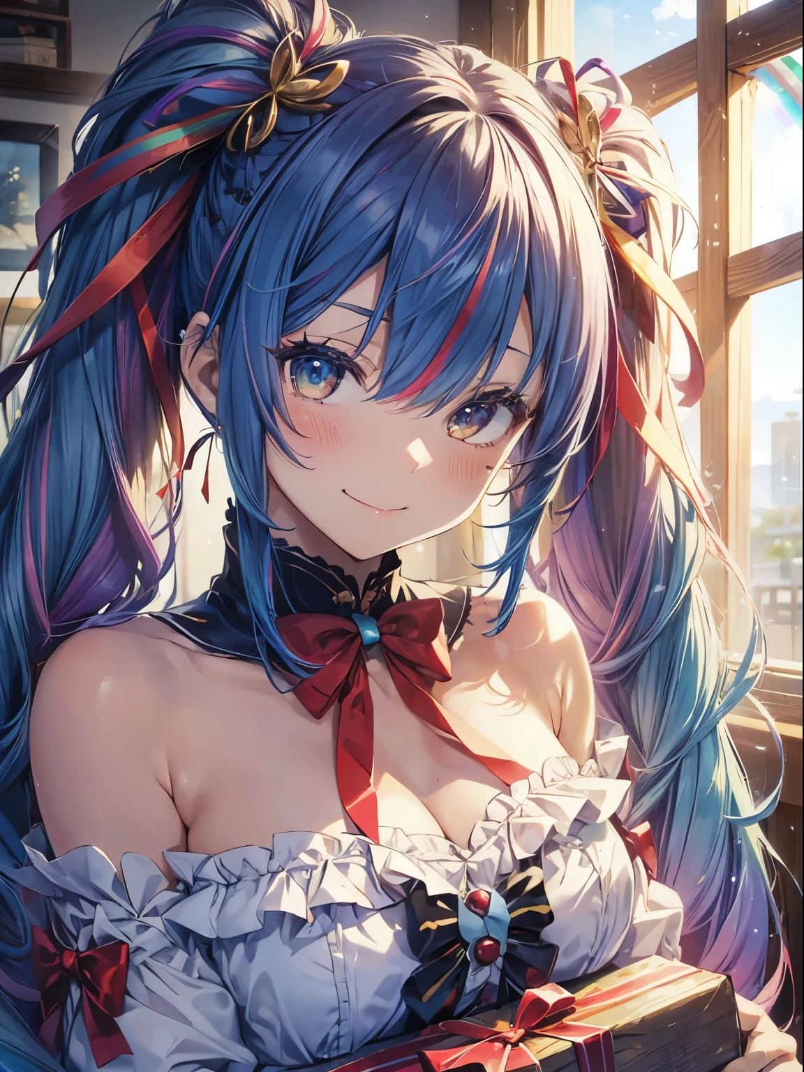 santaクロースの袋、The bag is full of presents、santaのコスプレ、santaクロースの袋、Christmas、(masutepiece:1.3), (8K, Photorealistic, Raw photo, Best Quality: 1.4), Beautiful face, (Realistic face), Beautiful detailed eyes, (Realistic skin), Attractive, Intricate details,Golden ratio, 1 girl,Naughty smile, (rainbow hair:1.4),((Long twintails,Ribbon 1.4)),santa (Blue Butterfly Hair Ornament 1.3)、deliver a present、Dynamic Angle,Intricate details, Hyper realistic、A smile、Smiling、Strong face、the morning sun、Deitiesの光、Deities、Heaven、rainbows