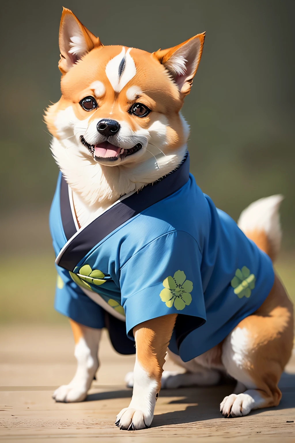 Illustration of Mameshiba Shiba Inu dog kimono background is blue and green