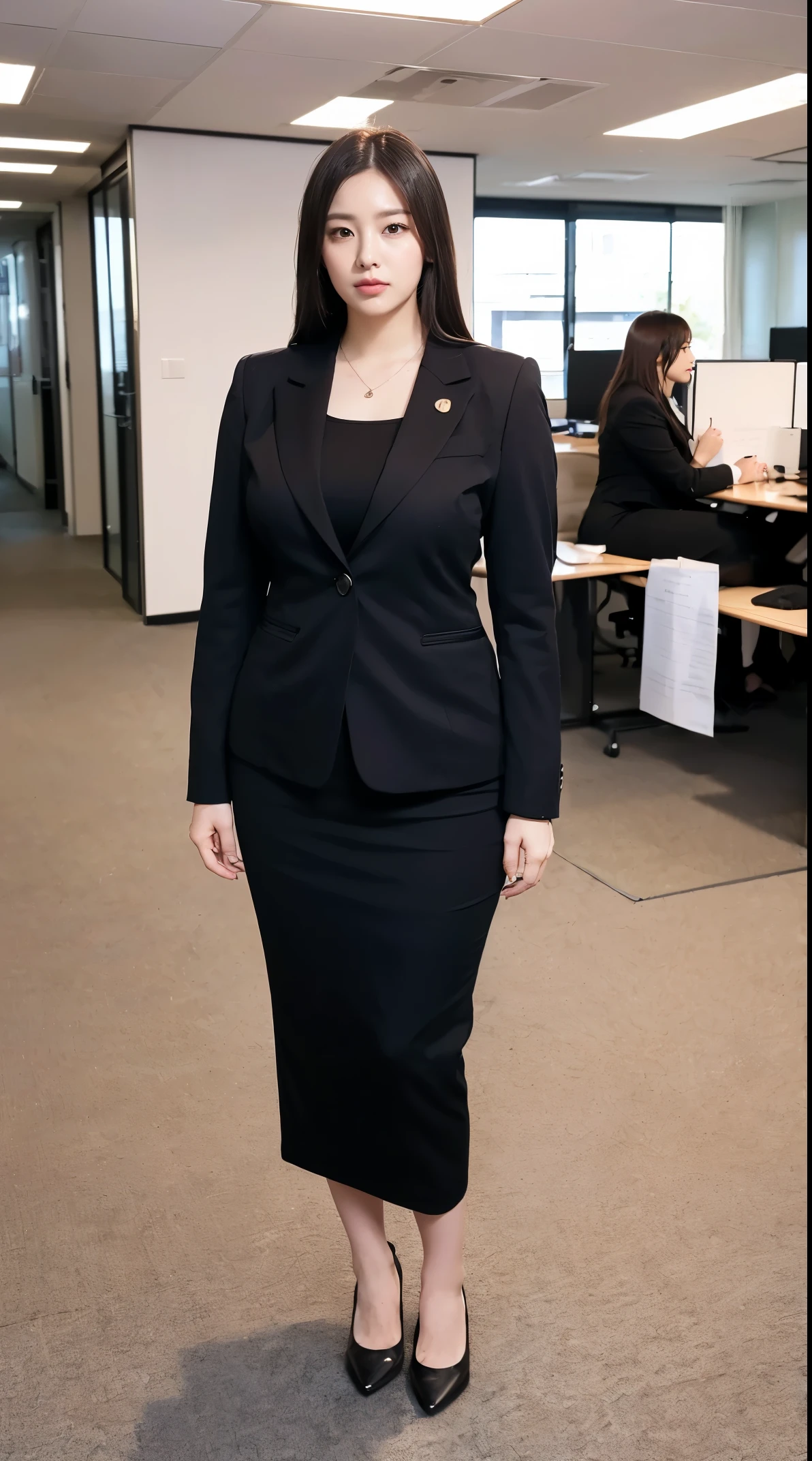 (masutepiece,High quality:1.3),(depth of fields:1.3) ,((front body:1.35)), Japanese ,woman, Glamorous makeup,standard height,(Women's business black suits black midi skirt:1.2),Huge breasts, thicc, curvy,(Looking at Viewer:1.3),(full body:1.2), Inside the office by the window
