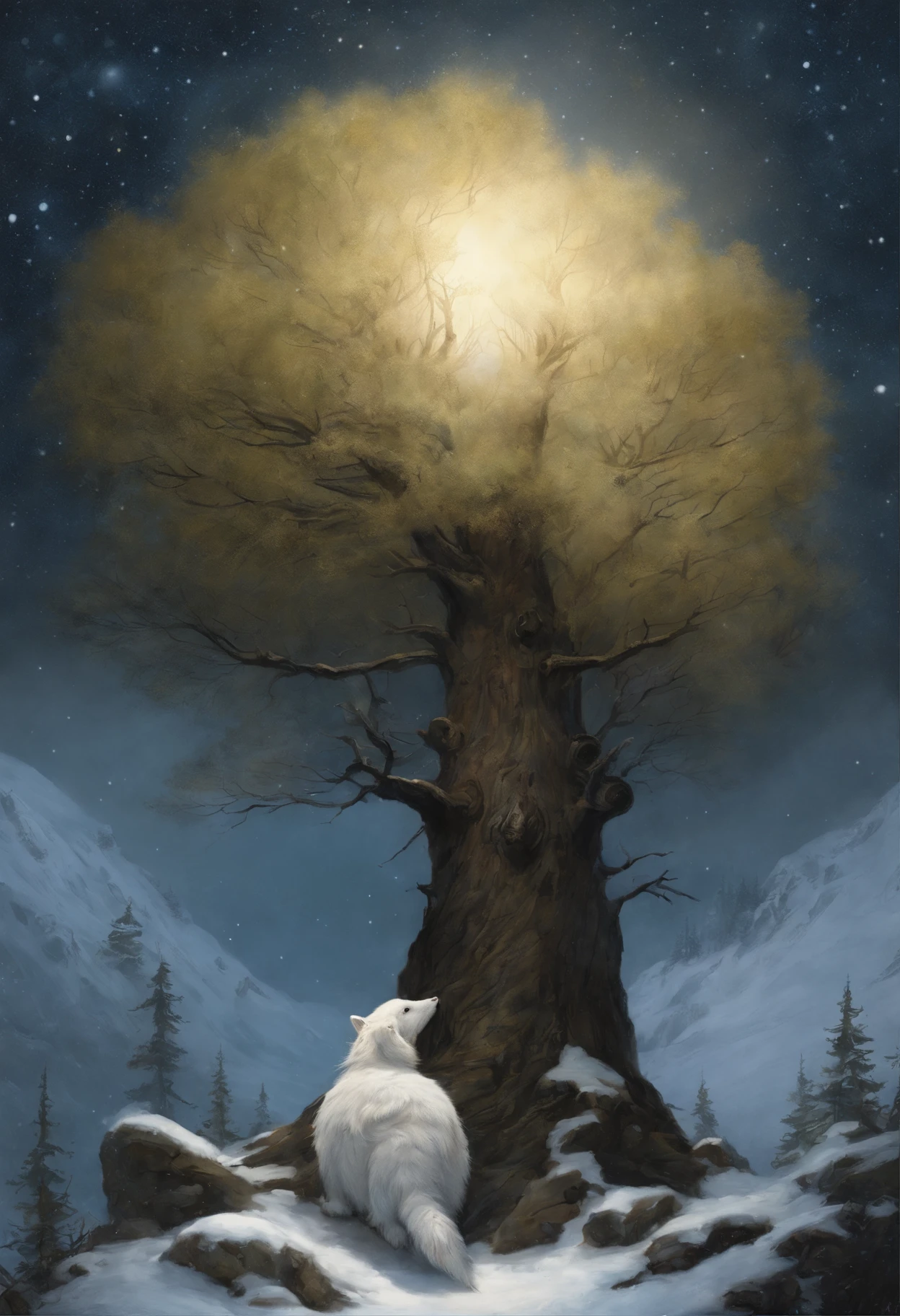 真实感, dark fantasy style, John Tolkien style, Small painting by Jean-Baptiste Monge,  huge fluffy spruce in fluffy snow, there are many colorful butterflies around the tree, a starry sky, The stars are shining, Snow is falling, Jean-Baptiste Monge, anthropomorphic --ar 2:3 --testp -optimistic;
