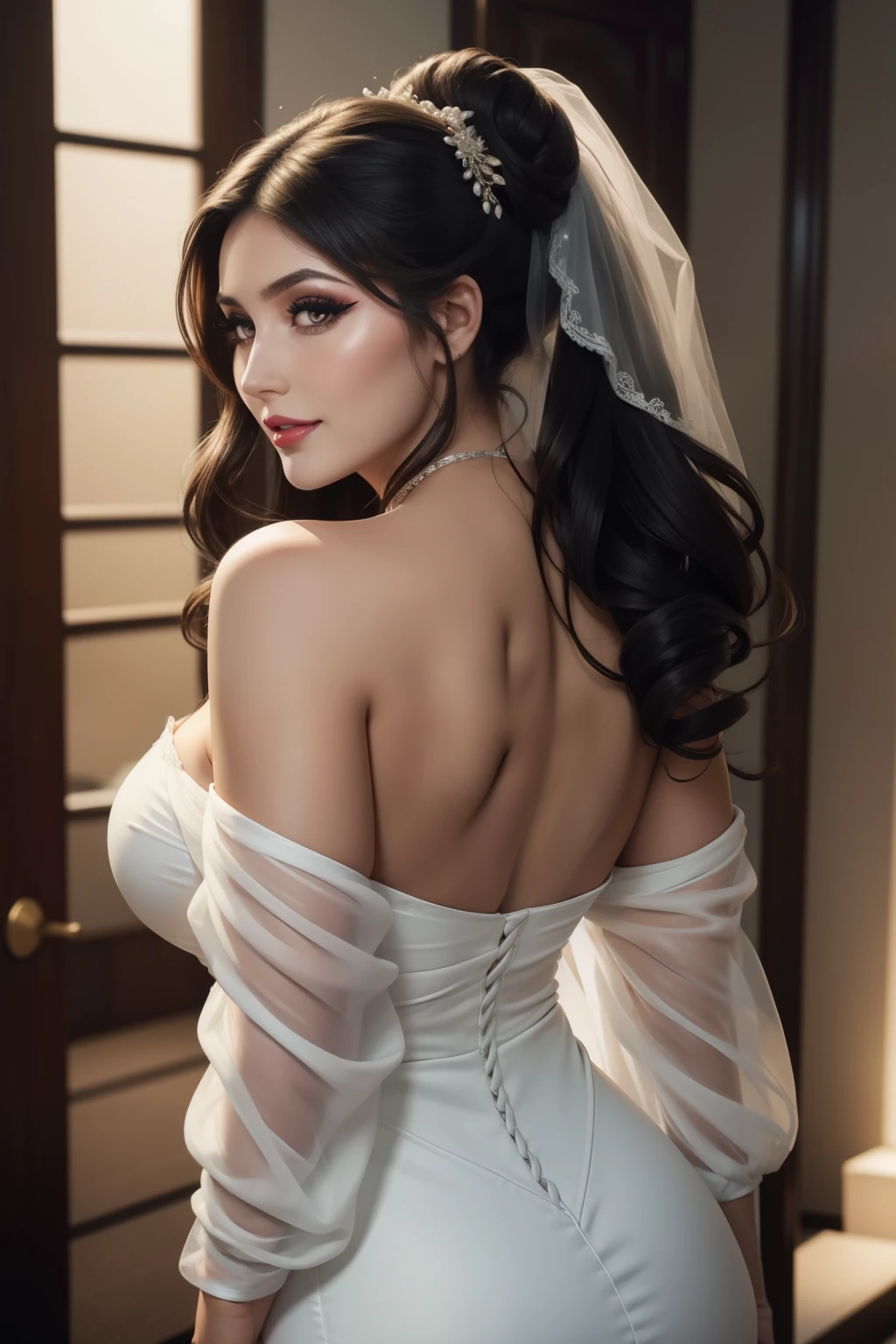Lucy Pinder, face portrait, ((Very Intense Makeup)), ((Bright Lipstick)), smiling, long hair, black hair, hair tied in chignon, Voluptuous Woman, off-shoulder dress, wedding dress, neckline, back , beautiful buttocks, face