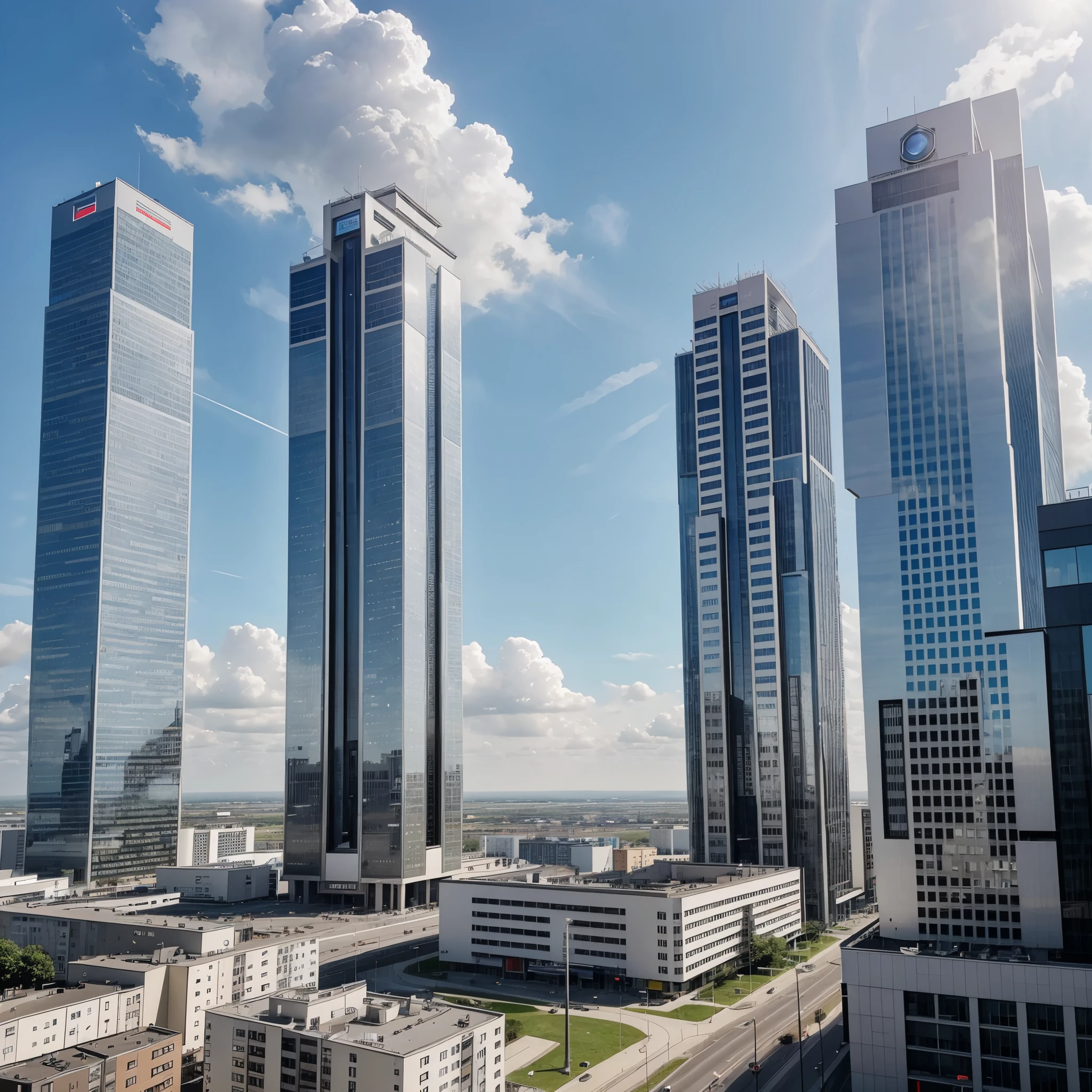 Ein Hochhaus Wolkenkratzer der Futuristisch wirkt trozdem aber gigantische Ausmasse hat sowohl breite hohe sowie auch tiefe