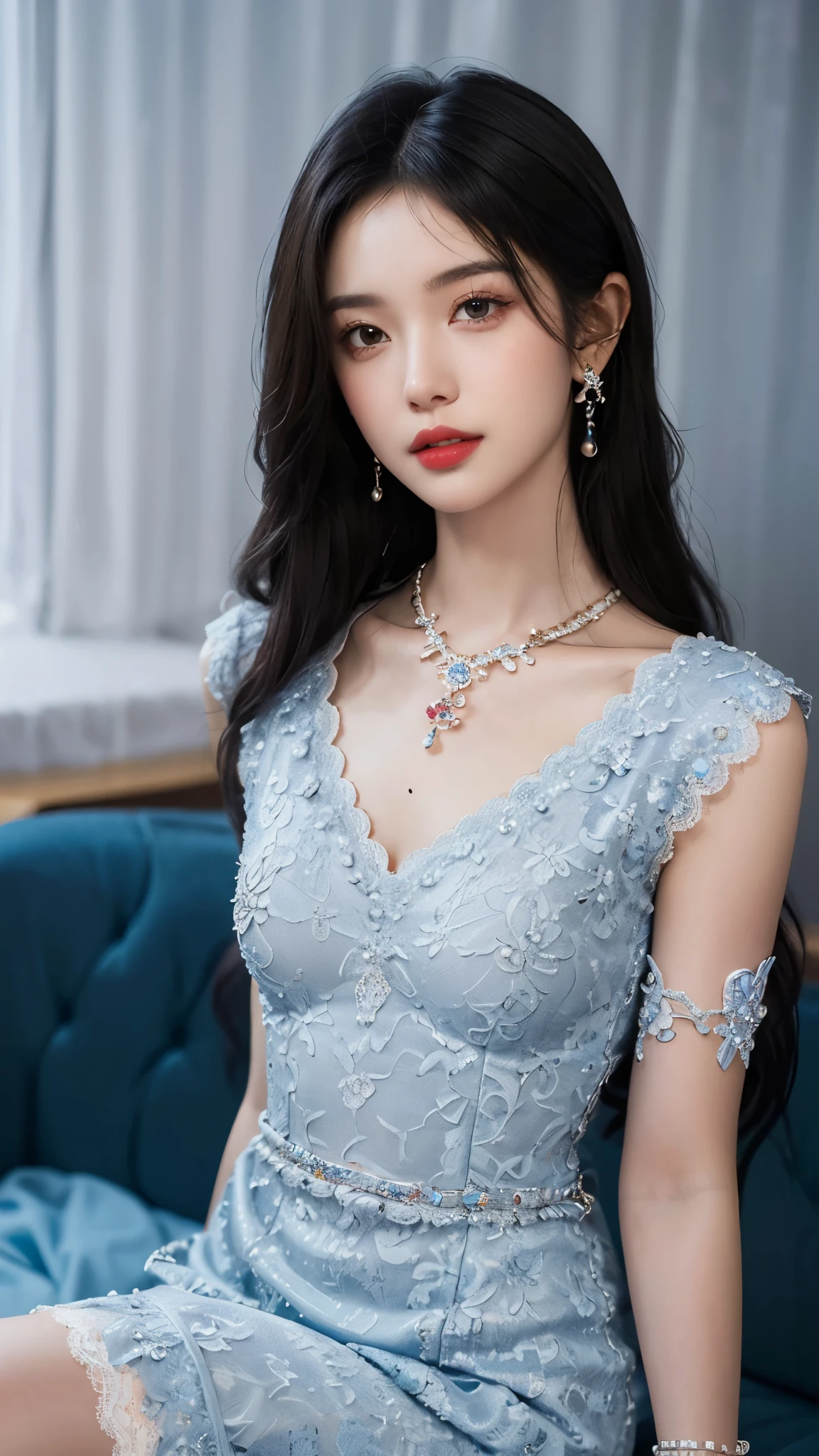 8k, masterpiece, 1 girl, beautiful face, white skin, very long hair, light makeup, detailed eyes, detailed lips, small breasts tight, realistic detailed, very detailed dress, princess dress, blue dress, (wearing jewellery:1.5), (lace:1.4), at the stage background, sitting,