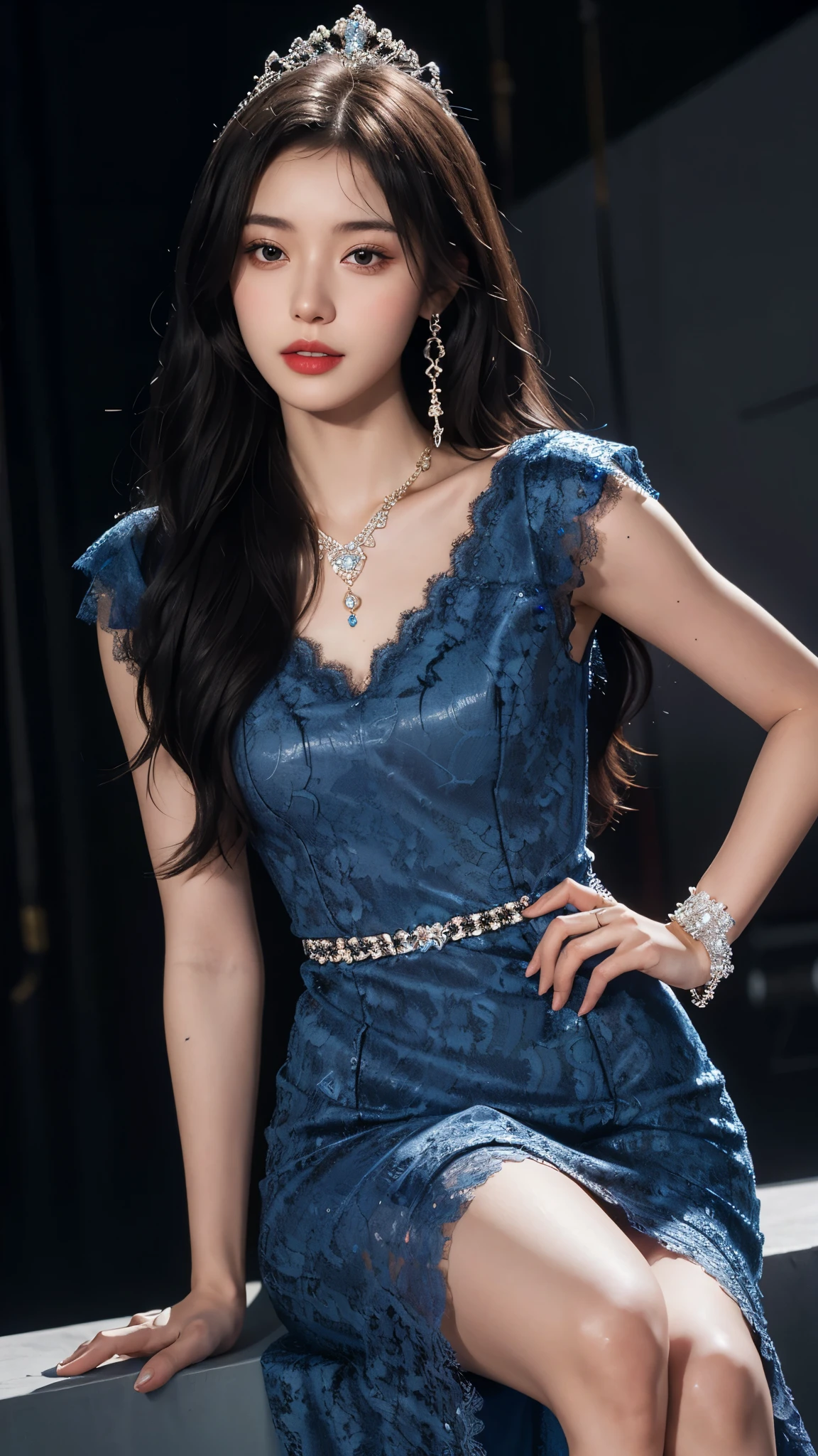 8k, masterpiece, 1 girl, beautiful face, white skin, very long hair, light makeup, detailed eyes, detailed lips, small breasts tight, realistic detailed, very detailed dress, princess dress, blue dress, (wearing jewellery:1.5), (lace:1.4), at the stage background, sitting,