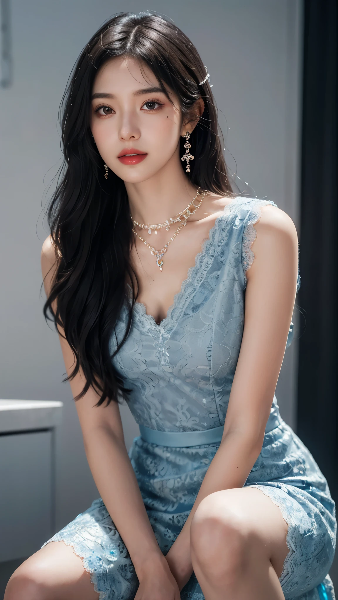 8k, masterpiece, 1 girl, beautiful face, white skin, very long hair, light makeup, detailed eyes, detailed lips, small breasts tight, realistic detailed, very detailed dress, princess dress, blue dress, (wearing jewellery:1.5), (lace:1.4), at the stage background, sitting,