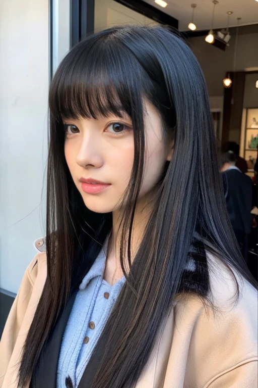 wearing a down coat、a beauty girl、13years、Long black hair、With bangs、