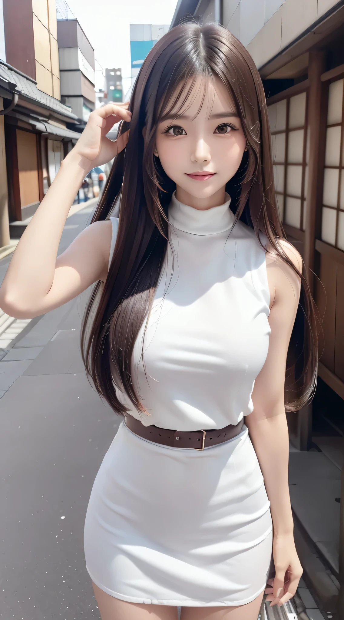 (Best Quality, 32K, nffsw:1.2),(Refreshing smile:1.5),(Look at viewers:1.1),(hide one's hands:2.0),(Cute Japan Girl),(straight haired, Long hair, finer hair:1.2), ( High neck sleeveless , tight skirts:1.5), (high-heels;1.3), detailed clothes, (Perfect female body), (Narrow waist:1.3), (Bust Up Portrait:1.3), Hair flowing in the wind, Dynamic Pose, Cinematic Light, 135 mm, Fuji Film,
