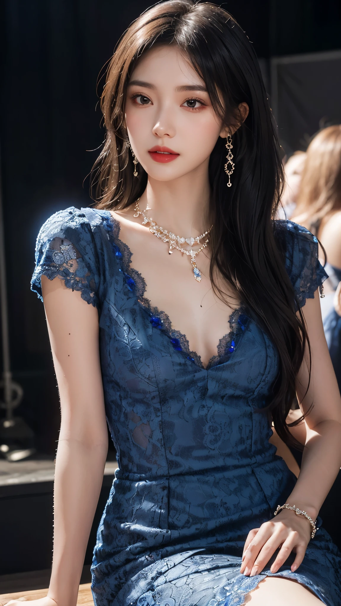 8k, masterpiece, 1 girl, beautiful face, white skin, very long hair, light makeup, detailed eyes, detailed lips, small breasts tight, realistic detailed, very detailed dress, princess dress, blue dress, (wearing jewellery:1.5), (lace:1.4), at the stage background, sitting,