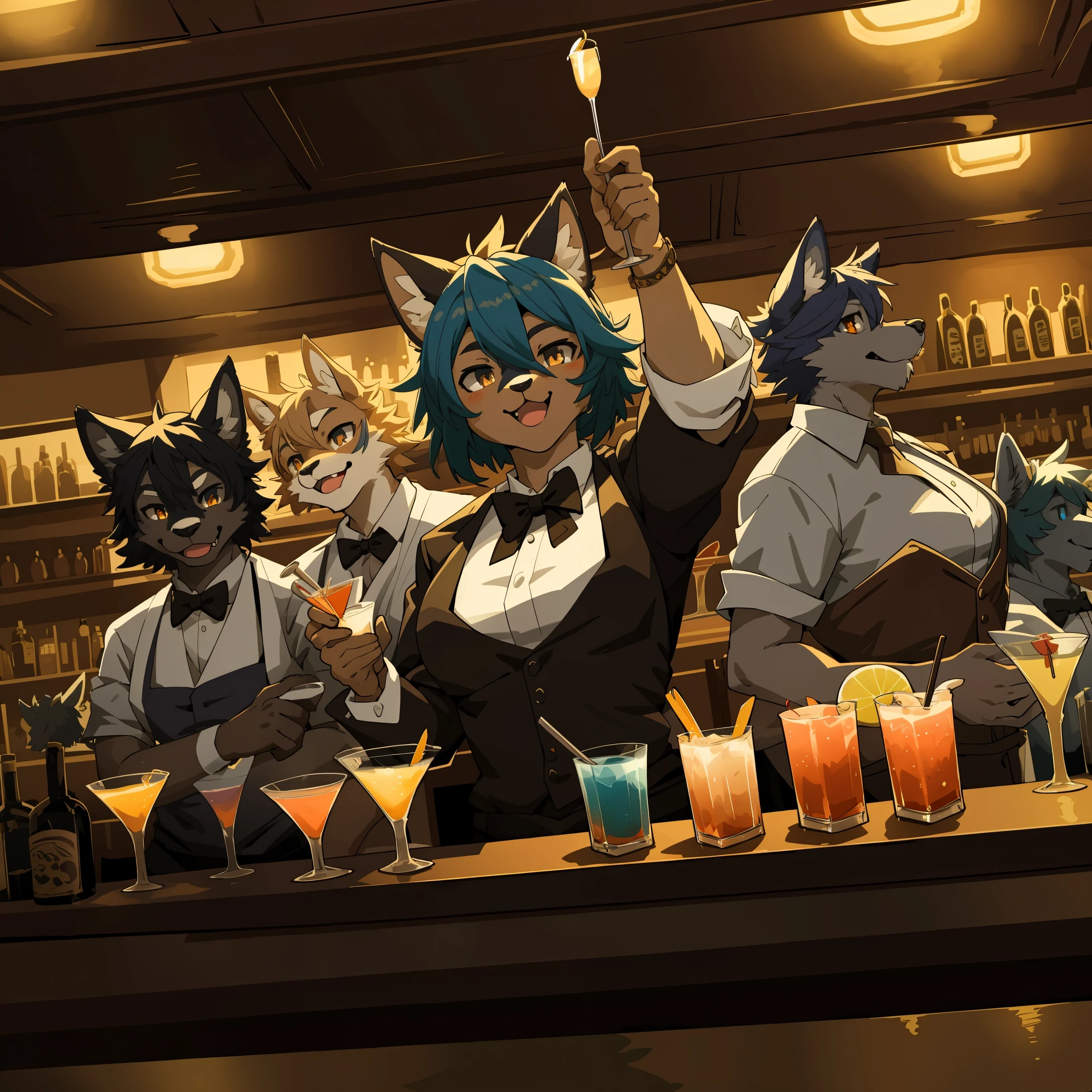 top quality, best quality, High-quality illustrations, masterpiece, super high resolution, detailed background, bartender, bar, cocktail, 6+boys, 6+girls, absurdres(highly detailed beautiful face and eyes)perfect anatomy, expression, good lighting, cinematic shadow(kemono, furry anthro)assorted poses, dynamic angle,