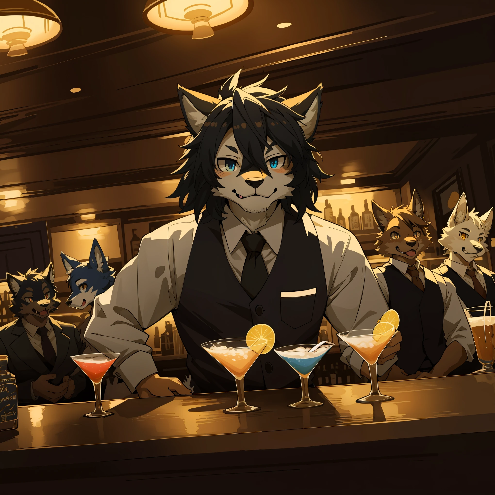 top quality, best quality, High-quality illustrations, masterpiece, super high resolution, detailed background, bartender, bar, cocktail, 6+boys, 6+girls, absurdres(highly detailed beautiful face and eyes)perfect anatomy, expression, good lighting, cinematic shadow(kemono, furry anthro)assorted poses, dynamic angle,