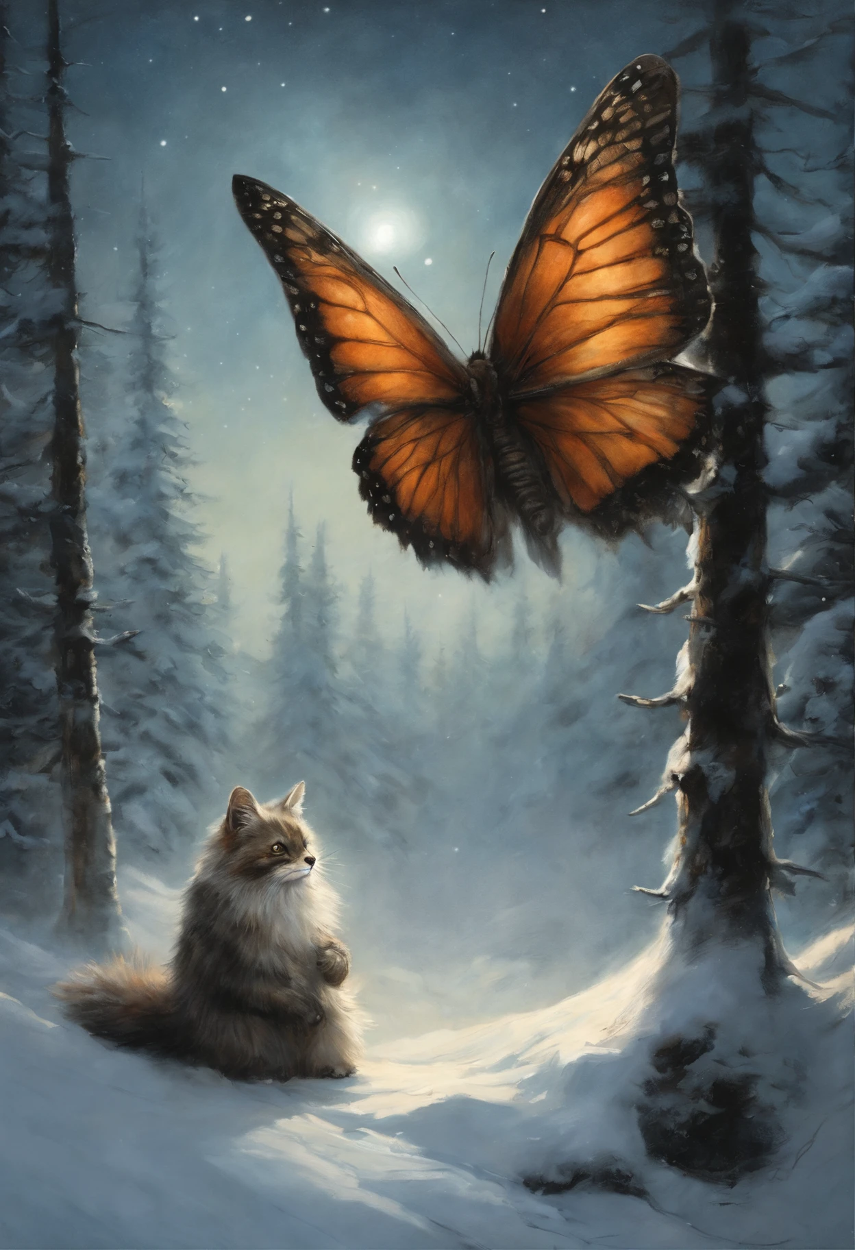 真实感, dark fantasy style, John Tolkien style, Small painting by Jean-Baptiste Monge,  huge fluffy spruce (anatomically correctly drawn) in fluffy snow, there are many colorful butterflies around the tree, a starry sky, The stars are shining, Snow is falling, Jean-Baptiste Monge, anthropomorphic --ar 2:3 --testp -optimistic;