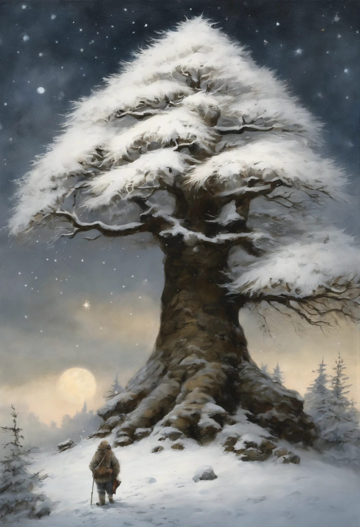真实感, dark fantasy style, John Tolkien style, Small painting by Jean-Baptiste e, huge fluffy spruce (anatomically correctly drawn) in fluffy snow, there are many colorful butties around the tree, a starry sky, The stars are shining, Snow is falling, Jean-Baptiste Monge, aopomorphic --ar 2:3 --testp -optimistic;