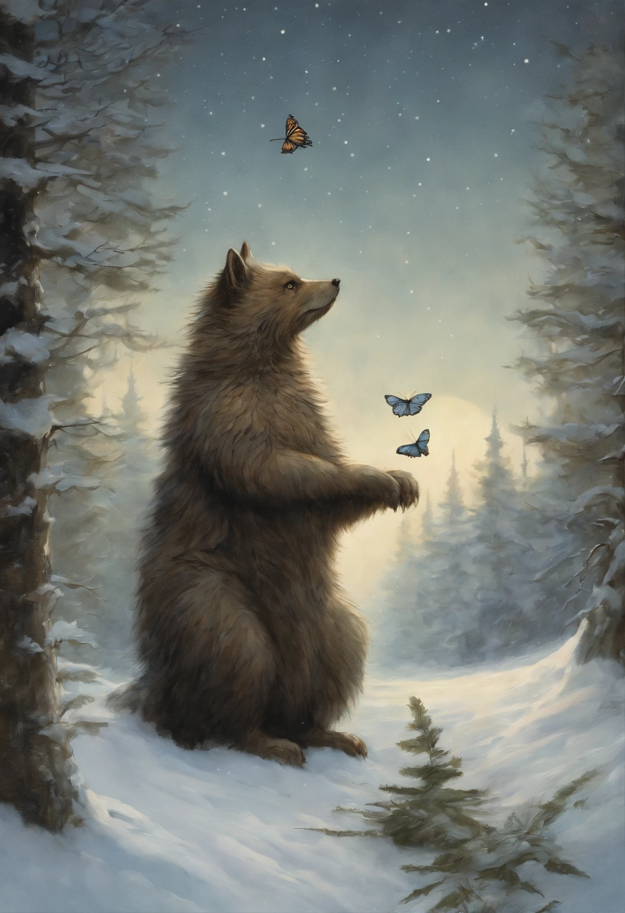 真实感, dark fantasy style, John Tolkien style, Small painting by Jean-Baptiste Monge,  huge fluffy spruce (anatomically correctly drawn) in fluffy snow, there are many colorful butterflies around the tree, a starry sky, The stars are shining, Snow is falling, Jean-Baptiste Monge, anthropomorphic --ar 2:3 --testp -optimistic;