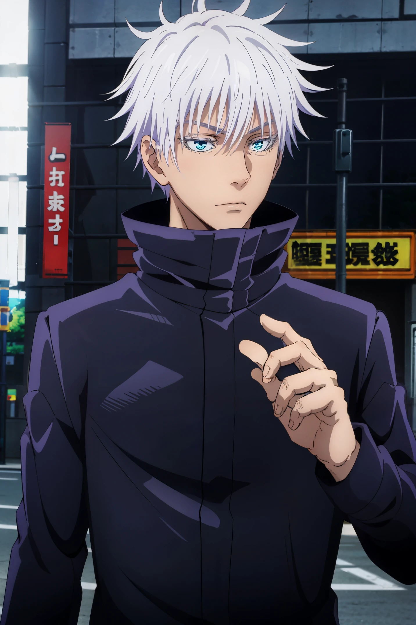 best quality, ultra high res, Gojo Satoru, Jujutsu Kaisen, looking at viewers, standing, white hair, blue eyes, black jacket, popped collar, outdoors, shibuya station, male focus, upper body, stylish_pose, perfect hands,