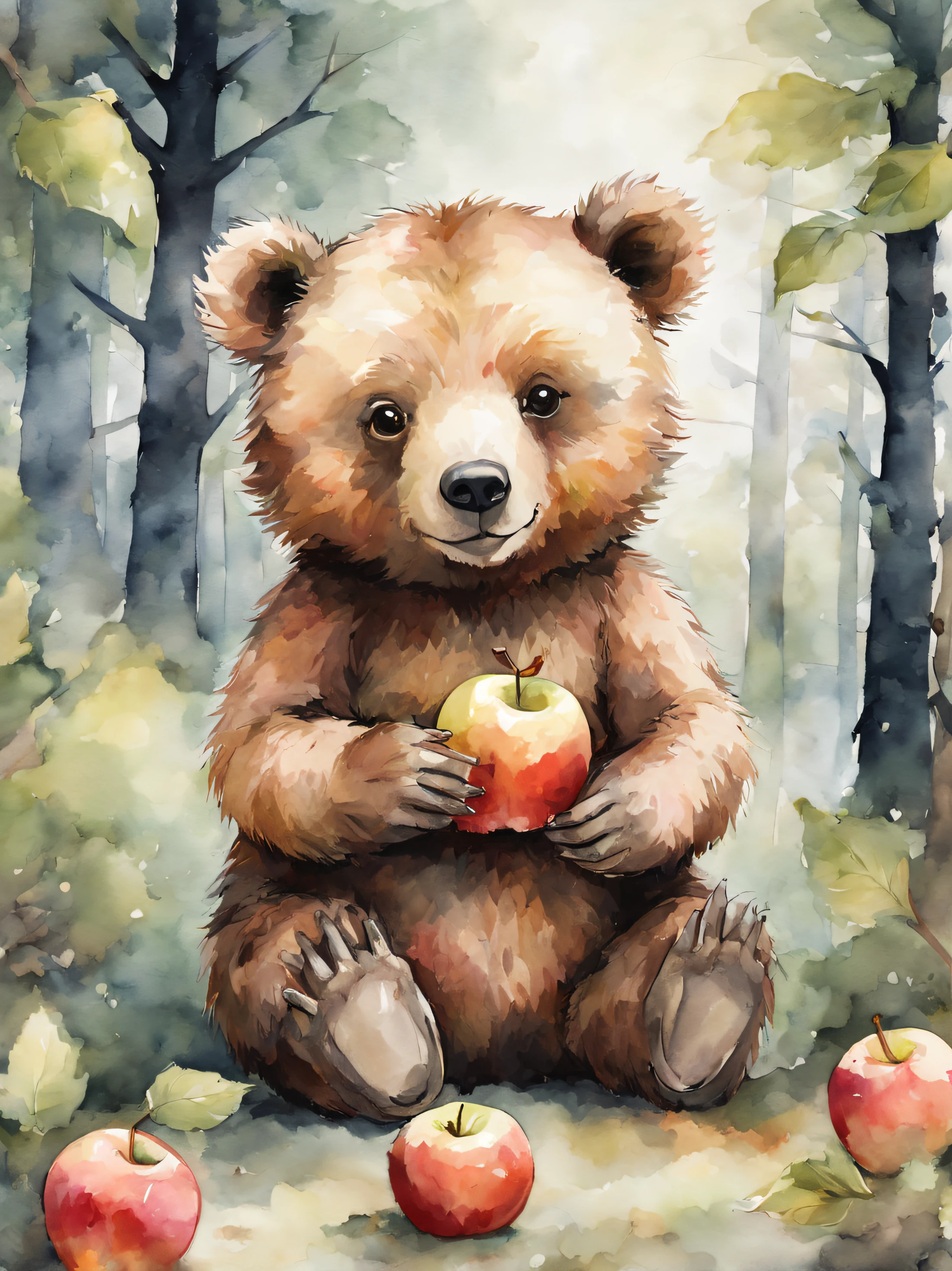 a cute bear, eating apples, forest, watercolor style, detailed