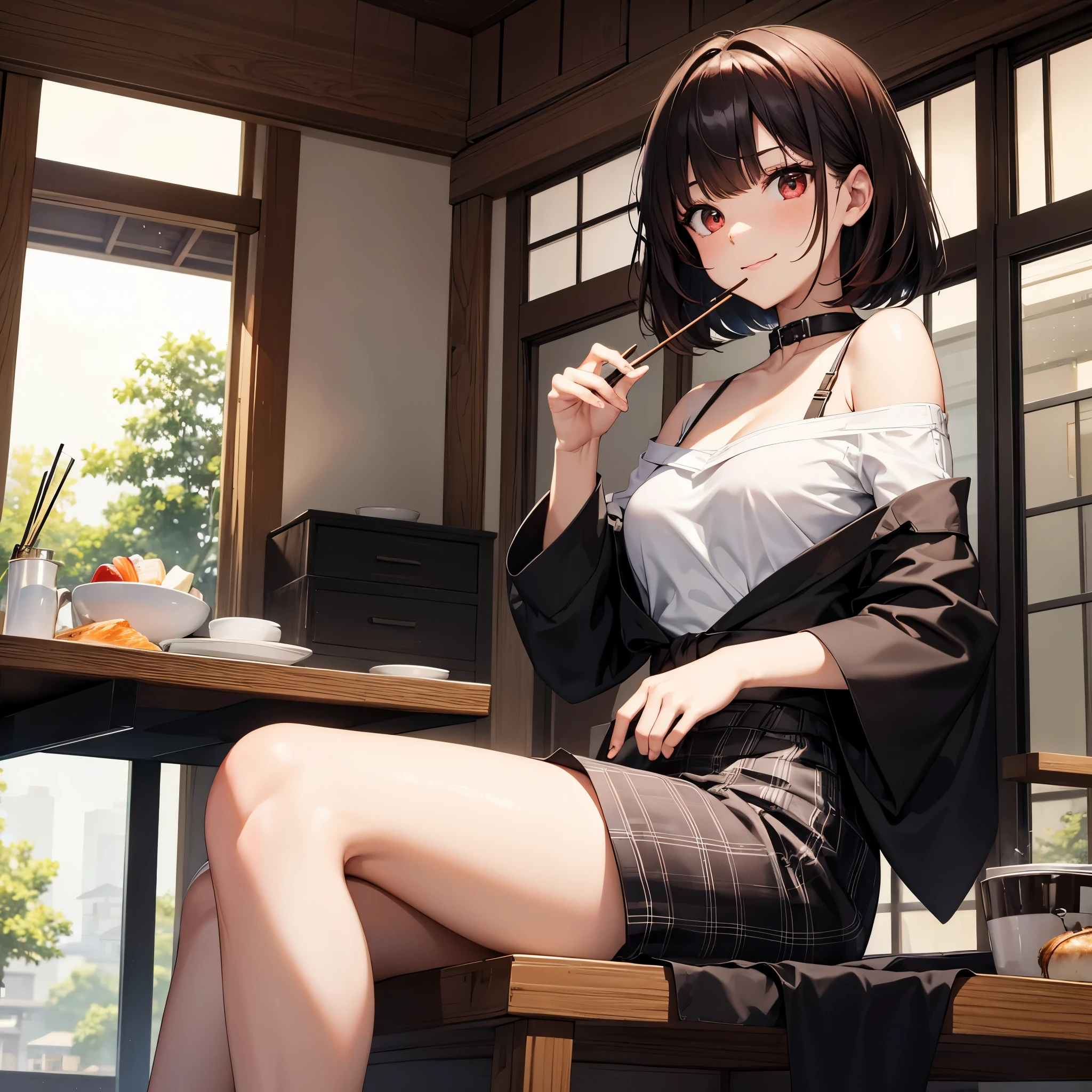 SOLO, young woman, perfect anatomy, attractive, wearing black off shoulder top, plaid skirt, sitting down, symmetrical face, smirk, (perfect face) , short red hair, rendered eyes, detailed eyes, large red eyes, sitting , legs going under table (chabudai), simple pose, eating sushi, chopstick in hand, food on Chabudai, Japanese house, simple background, 8K, perferct quality ,masterpiece, high quality, very high resolution, shot from below