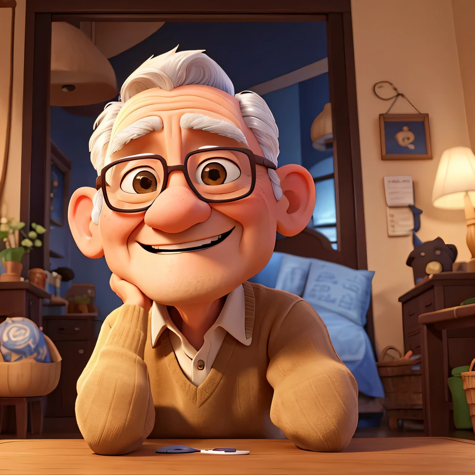 Uma feliz, Adorable old man living alone at home, Coma boa comida、Desenhar、Assistir TV、Olha para o seu telefone. He spends his days making Disney-Pixar style illustrations. (best quality, 4k, A high resolution, master part:1.2), ultra-detalhado, Realistic:1.37, cores vibrantes, Playful lighting, detailed facial features, cheerful expressions, comfy interior, Disney Pixar animation style, reconfortante, roupas detalhadas, ambiente acolhedor, friendly atmosphere, A good-hearted old man, fundo colorido, Warm and pleasant, atmosfera tranquila, Design de personagens no estilo Pixar, detalhes extravagantes, Seductive composition.