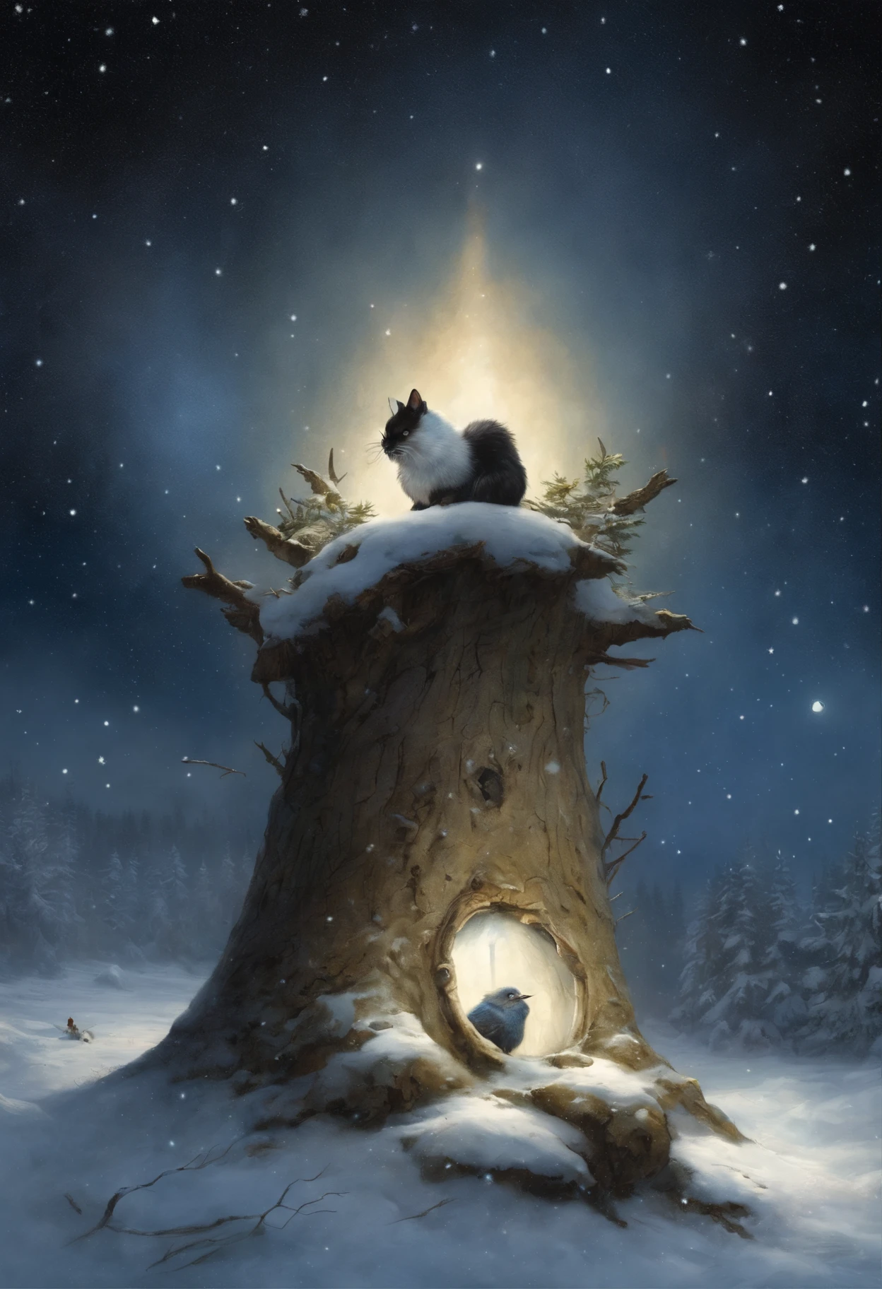真实感, dark fantasy style, John Tolkien style, Small painting by Jean-Baptiste Monge,  huge fluffy spruce in fluffy snow, there are many colorful butterflies around the tree, a starry sky, The stars are shining, Snow is falling, Jean-Baptiste Monge, anthropomorphic --ar 2:3 --testp -optimistic;