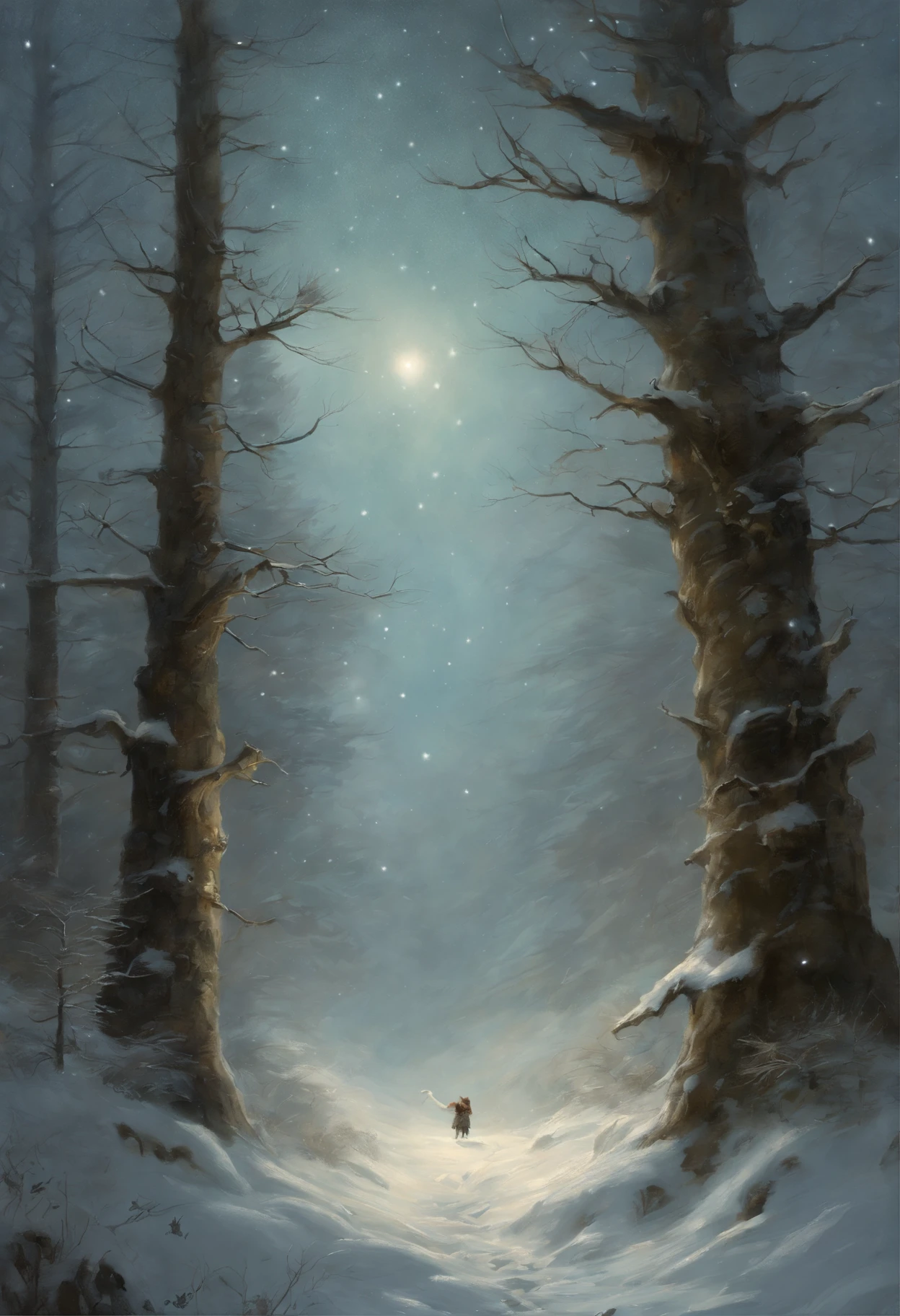 真实感, dark fantasy style, John Tolkien style, Small painting by Jean-Baptiste Monge, huge fluffy spruce in fluffy snow, there are many colorful butterflies around the tree, a starry sky, The stars are shining, Snow is falling, Jean-Baptiste Monge, anthropomorphic --ar 2:3 --testp -optimistic;