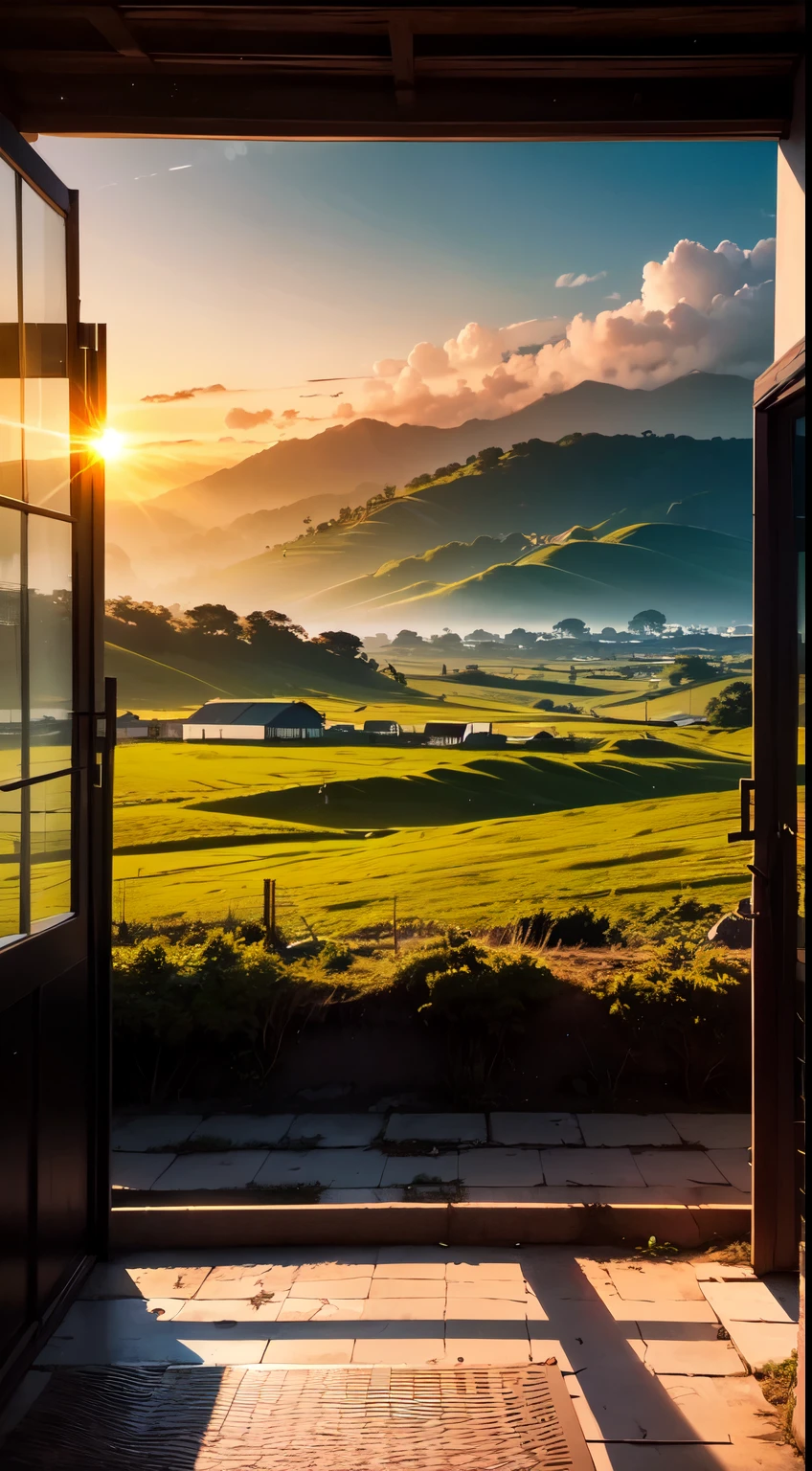 paisagem surreal, no campo, amanhecer do dia, 8k. ultra hd, hdr 10 lua cheia, por do sol