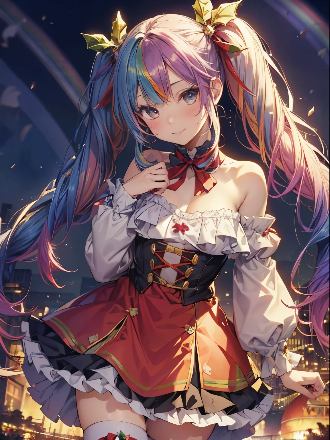 santaクロースの袋、The bag is full of presents、santaのコスプレ、santaクロースの袋、Christmas、(masutepiece:1.3), (8K, Photorealistic, Raw photo, Best Quality: 1.4), Beautiful face, (Realistic face), Beautiful detailed eyes, (Realistic skin), Attractive, Intricate details,Golden ratio, 1 girl,Naughty smile, (rainbow hair:1.4),((Long twintails,Ribbon 1.4)),santa (Blue Butterfly Hair Ornament 1.3)、deliver a present