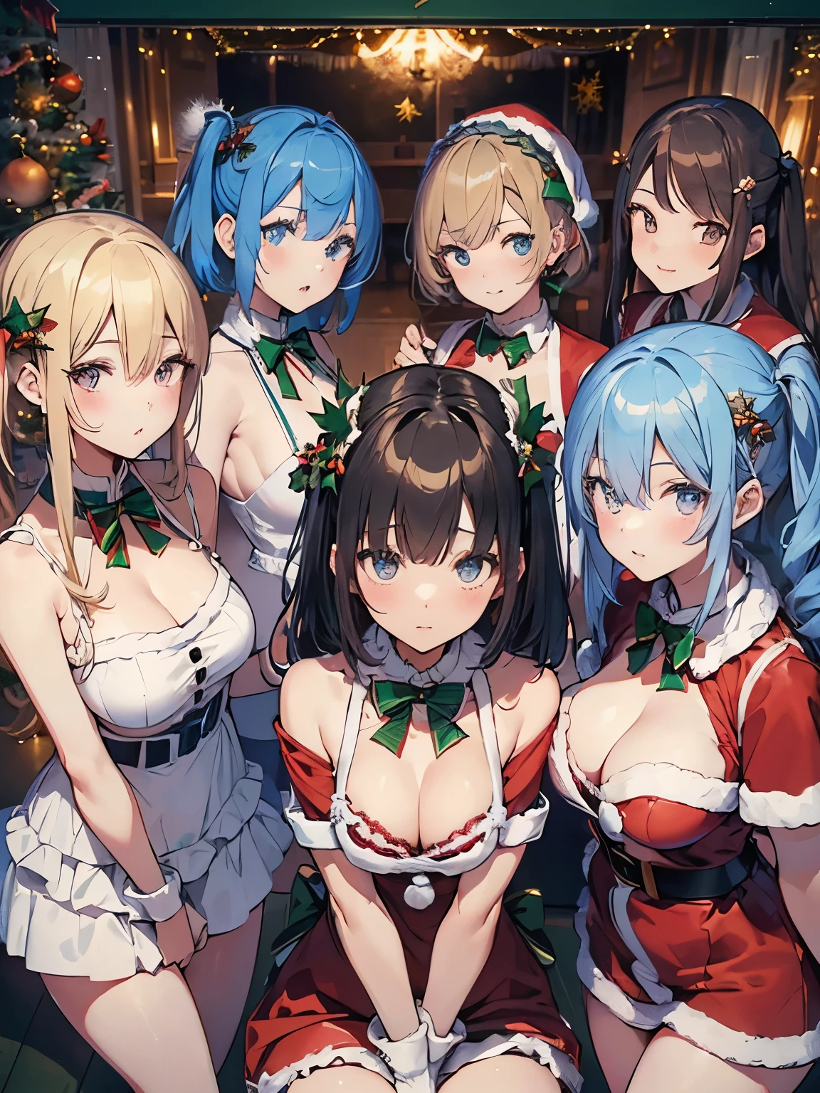 Five high school girls enjoying a Christmas party、5 people in line、A smile、17 age、Sexy costume、sexypose、 (5girls:1.6),(female harem group:1.3), (a closeup:1.3),(multipel Girls:1.3),(girls standing in the room),(randome pose)(Random hair),(A dark-haired、Semi-long), (silber hair、Semi-long), (Blue-haired、a short bob), (Brown hair、short-hair、low twintails), (a blond、Semi-long), (Standing side by side:1.3)(4girl:1.5),tight gap, (Open mouth:0.6),(facing straight at viewer:1.5),(Beautiful caustic eyes, Half closed eyes,Beautiful pretty face,Parted lips, BREAK ((santa costume:1.2)), a miniskirt、BREAK (livingroom),room with christmas decorations, Christmas tree、Christmas cake、 (Hyper-Resolution、Complex and detailed character quality),Best Masterpiece,Best 32K quality, Ultra-detailed,Illustration,Ultra-delicate details,Awesome very detailed illustrated CG, Very constructive,Natural light,Linear Light, (Natural gradient effect,Unbalanced contours , Skillful Terminator Lines,Stereoscopic color filter[Stereoscopic:1.2),clearly,(Complex and detailed character quality in high resolution),(High-resolution microstructure、High Poly 3D Rendering Correction),Methods of geometry,Caustics effect,Careful explanatory anatomy,(Masterpieces of the highest quality.:1.2),(Depth correction),(Incredibly awesome,Perfect hands)