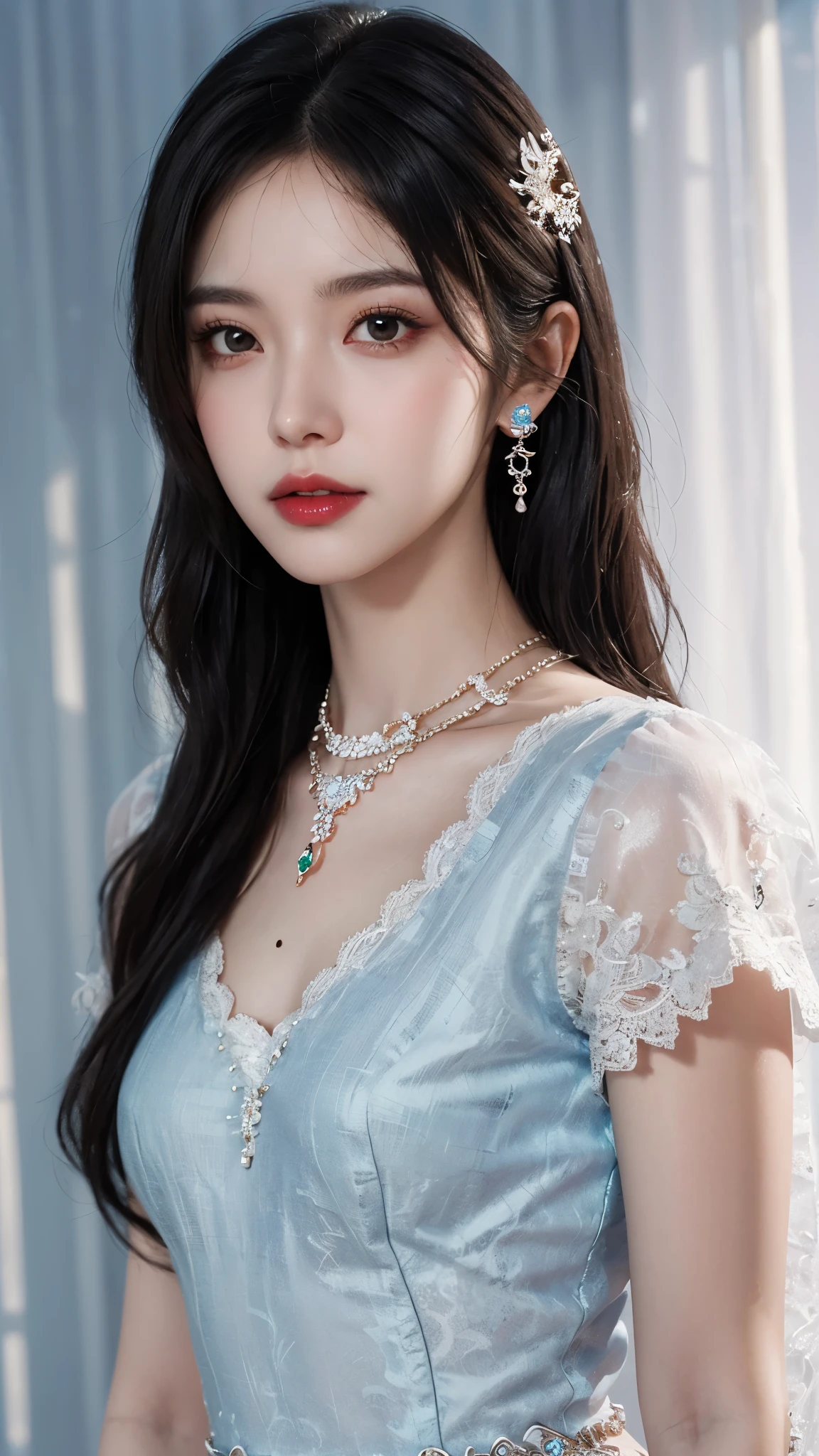 8k, masterpiece, 1 girl, beautiful face, white skin, very long hair, light makeup, detailed eyes, detailed lips, small breasts tight, realistic detailed, very detailed dress, princess dress, blue dress, (wearing jewellery:1.5), (lace:1.4), ((stage background)), attractive poses,