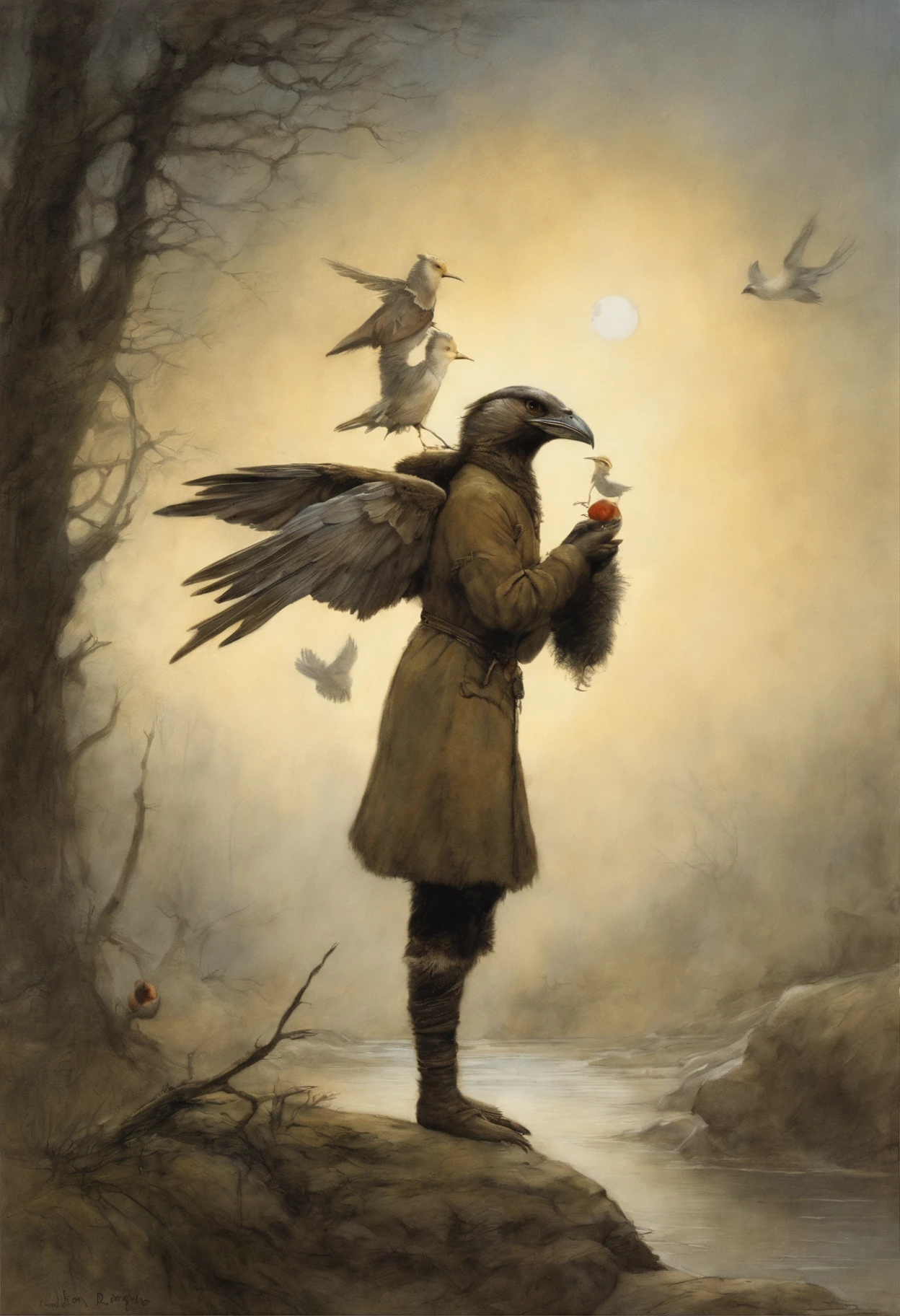 真实感, dark fantasy style, John Tolkien style, Small painting by Jean-Baptiste Monge,    Birds from the southern borders will fly in. It’s always warmer at home at home And the birds’ souls are warmer there Where the birds first took off Let the sky be disturbed by a thunderstorm , Jean-Baptiste Monge, anthropomorphic --ar 2:3 --testp -optimistic;