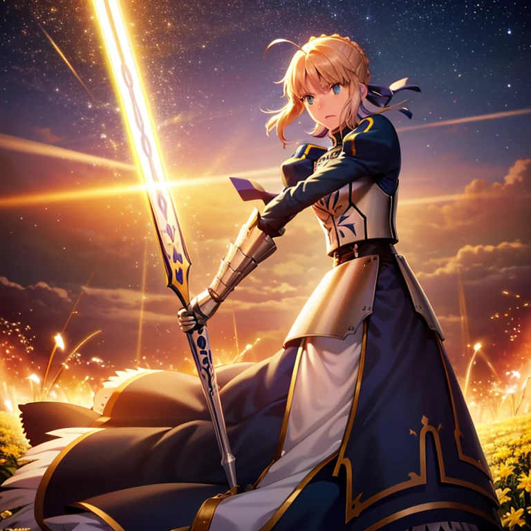 artoria pendragon brown hair holding excalibur sword, excalibur sword attack fate/zero lightning attack, surrounded by lightnings, background is a starry night
