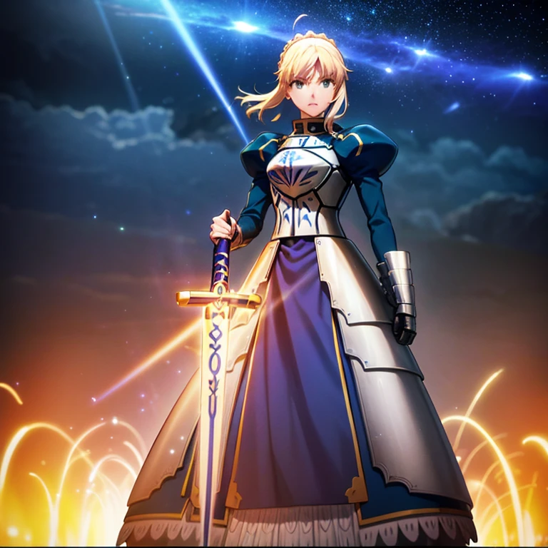 artoria pendragon brown hair holding excalibur sword, excalibur sword attack fate/zero lightning attack, surrounded by lightnings, background is a starry night