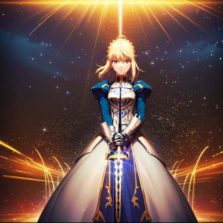 artoria pendragon brown hair holding excalibur sword, excalibur sword attack fate/zero lightning attack, surrounded by lightnings, background is a starry night