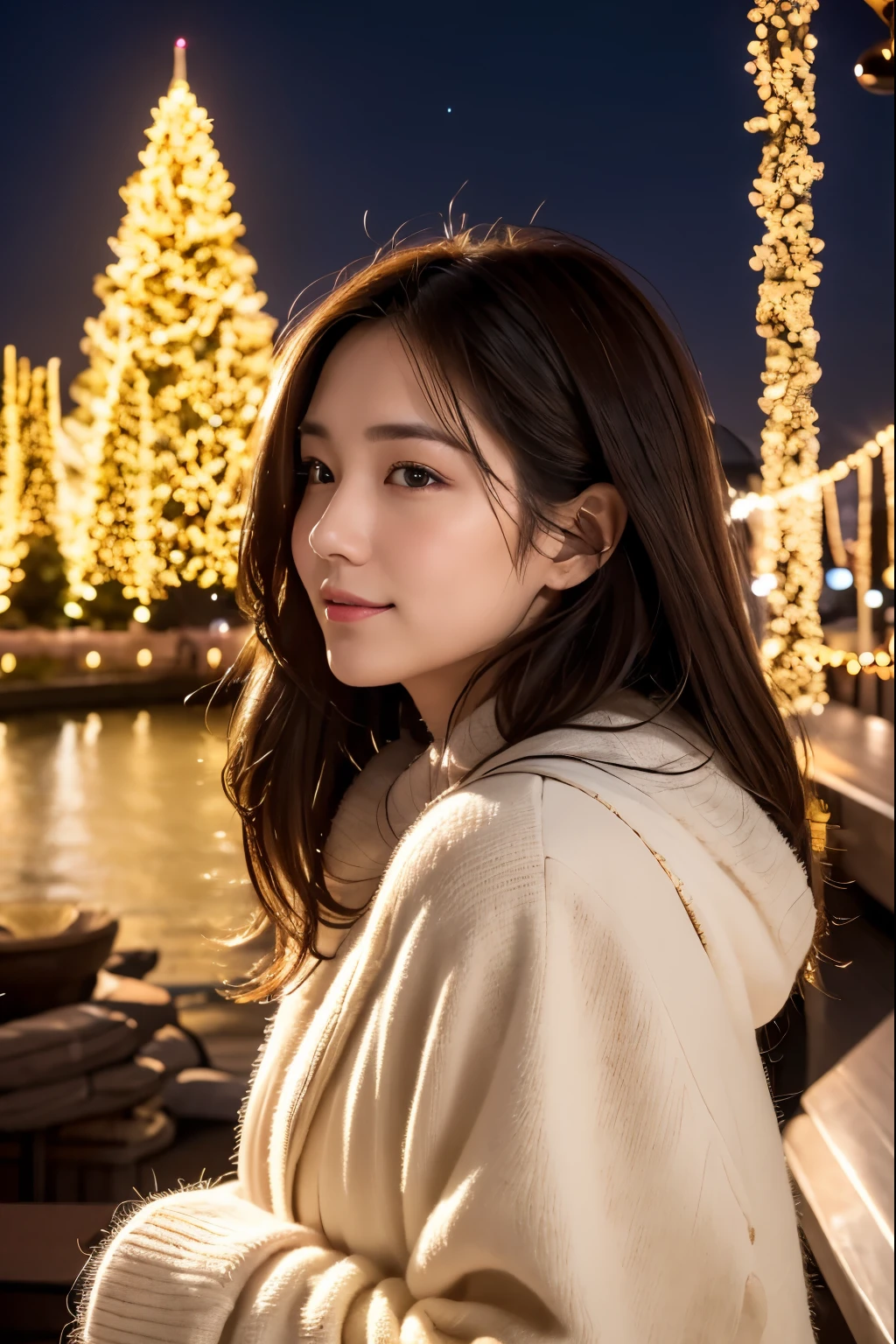 (top-quality、8K、32K、masterpiece,)Beautuful Women、Night city、White fur cap、White muffler、White coat、Looking up at the night sky、orange illumination lights、Big Christmas Tree、Soft atmosphere、profile