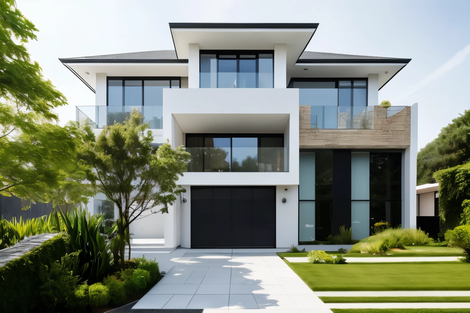 front view,building,house,glass,window,white wall,outdoors,day,blue sky,tree,grass,rock,pavement,plant,lighting,stairs,real,(realistic),photo realistic,architecture photography,highly detailed,(masterpiece),(high quality),best quality,super detailed,full detail,4k,8k,