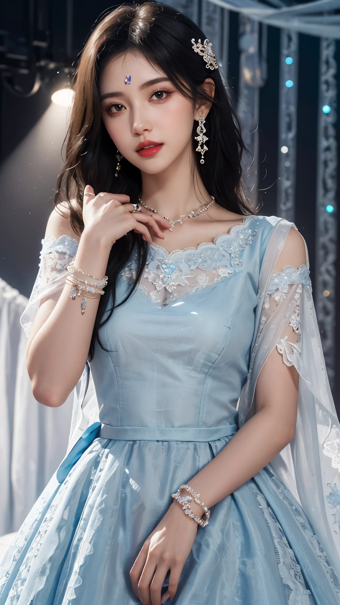 8k, masterpiece, 1 girl, beautiful face, white skin, very long hair, light makeup, detailed eyes, detailed lips, small breasts tight, realistic detailed, very detailed dress, princess dress, blue dress, (wearing jewellery:1.5), (lace:1.4), ((stage background)), attractive poses,