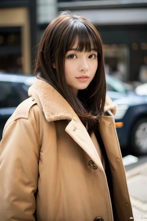 Beautiful girl wearing a down coat、14years、With bangs、