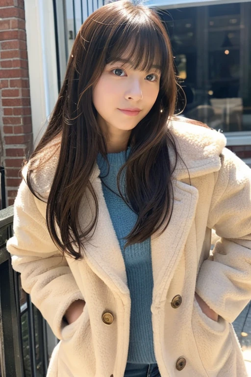 Best-quality, Masterpiece, Ultra-High-Resolution, (Photorealistic:1.4), Raw-Photo, 1girl, the most famous Japanese idol, wearing winter-coat, hands on hip, upturned ass, innocent-smile, dynamic-pose, extremely beautiful skins, extremely beautiful big-eyes, extremely beautiful hair, extremely cute face like the most popular Japanese idol, extremely beautiful long-eyelashes, extremely beautiful lips