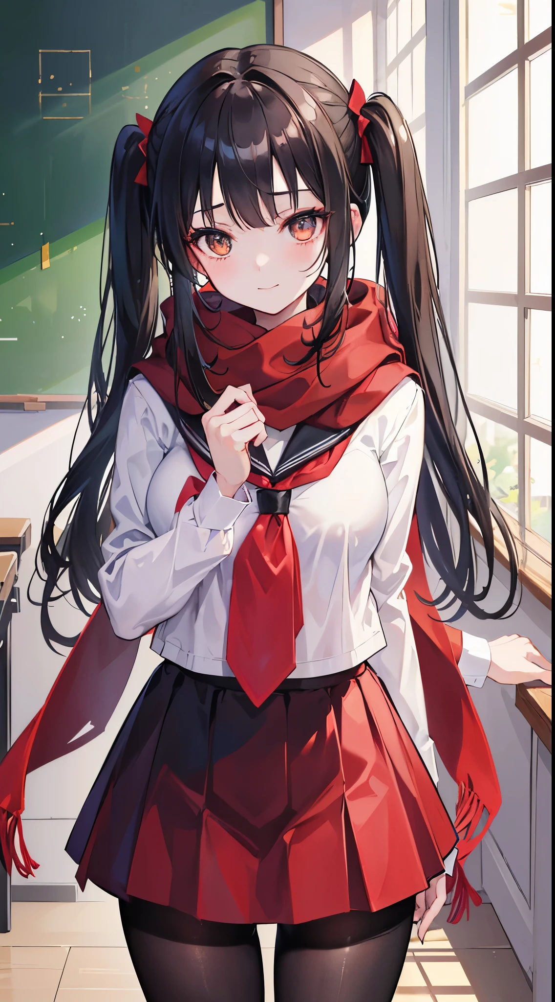 (8K、Top image quality、top-quality、​masterpiece)、A detailed face、1 girl in、A dark-haired、medium hair、twintails、Golden eyes、A slight smil、large full breasts、serafuku、red scarf、black mini skirt、wide hips、thighs、pantyhose、cowboy  shot、Classroom Background