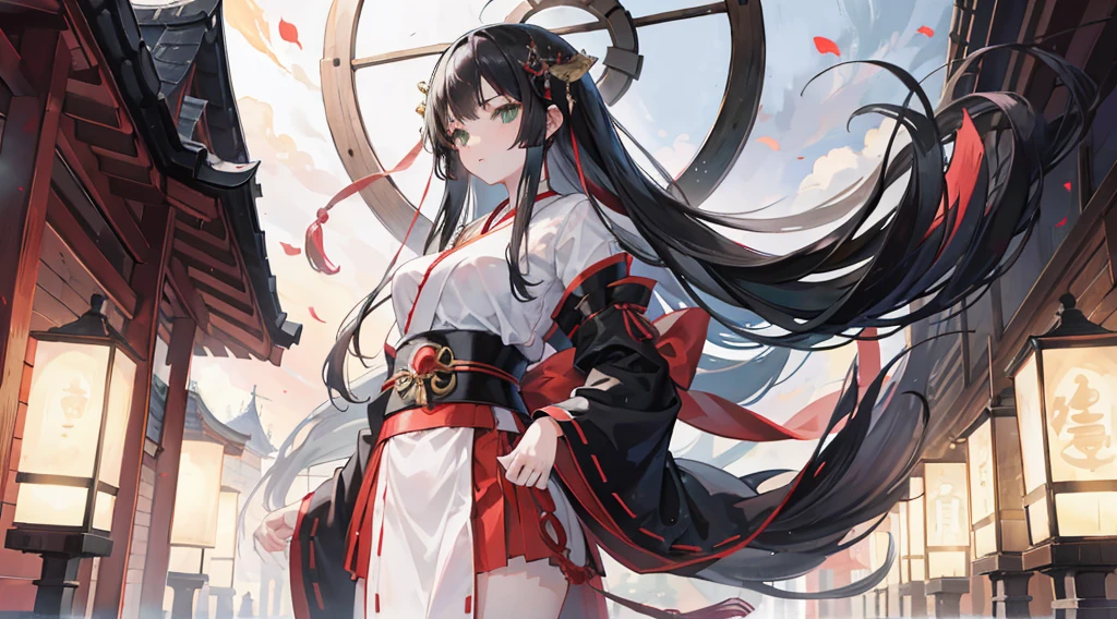 1girl, long black hair, green eyes, wearing shrine maiden clothes, shrine, high res, ultrasharp, 4K, masterpiece