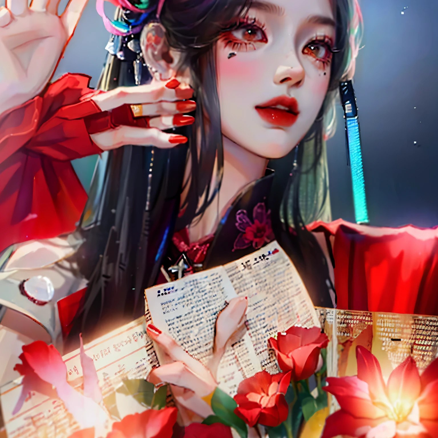 There is a woman sitting next to a bouquet of flowers, cai xukun, kanliu666, 👅 👅, There are flowers, Brutal Korean Goth Girl, Goth girl aesthetic, Inspired by Huang Ji, chrome heart style, Xision Wu, xintong chen, year 2447, very very low quality picture, Inspired by Song Maojin