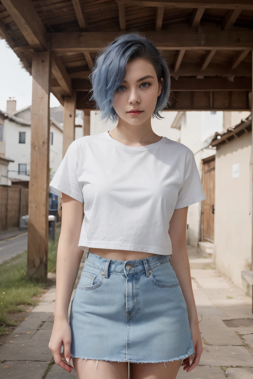 1girl, short blue hair, blue eyes, wearing plain white shirt, denim skirt, village, absurdres, high res, ultrasharp, 4K, masterpiece, looking at viewer